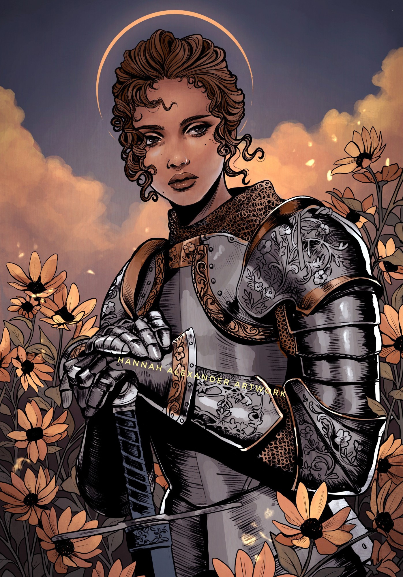 A female knight in silver and gold armour stands in a field of sunflowers, framed by a golden sunset. 