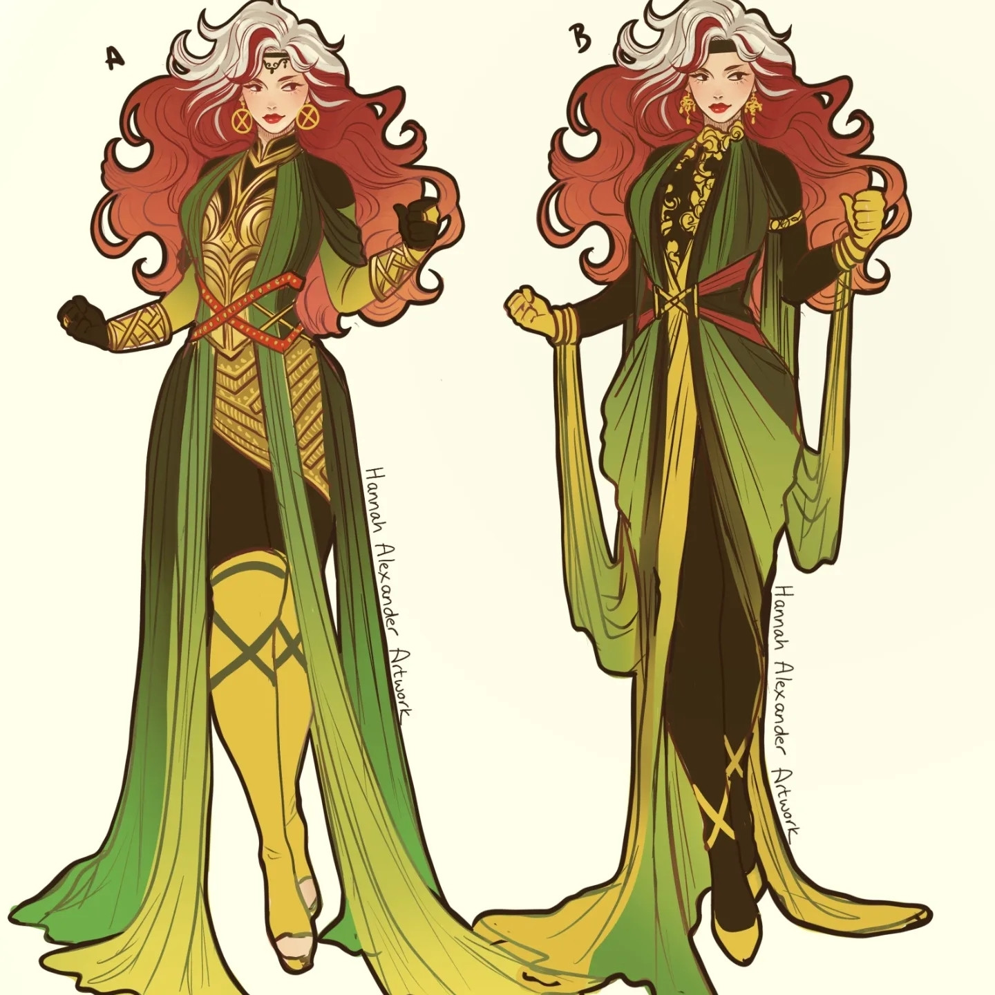 Rogue from Xmen, with two tone curly red and white hair. Over a full black bodysuit, she wears yellow and green draped panels and embellished gold bodice pieces.