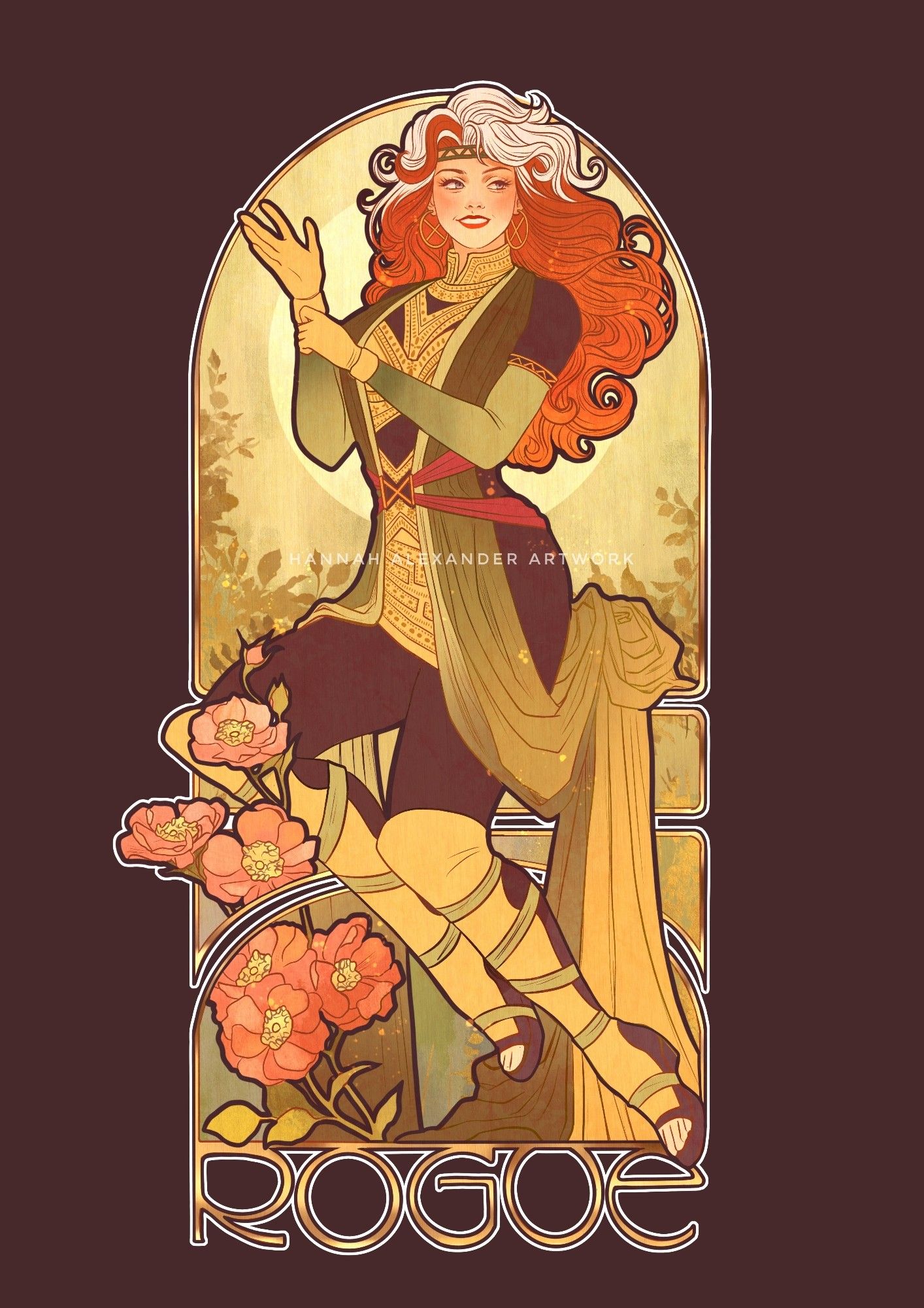 Rogue from Xmen smiling widely and pulling on her glove, designed with an intricately beaded and draped costume. Depicted in an art nouveau style border with wild roses sprawling across her name.