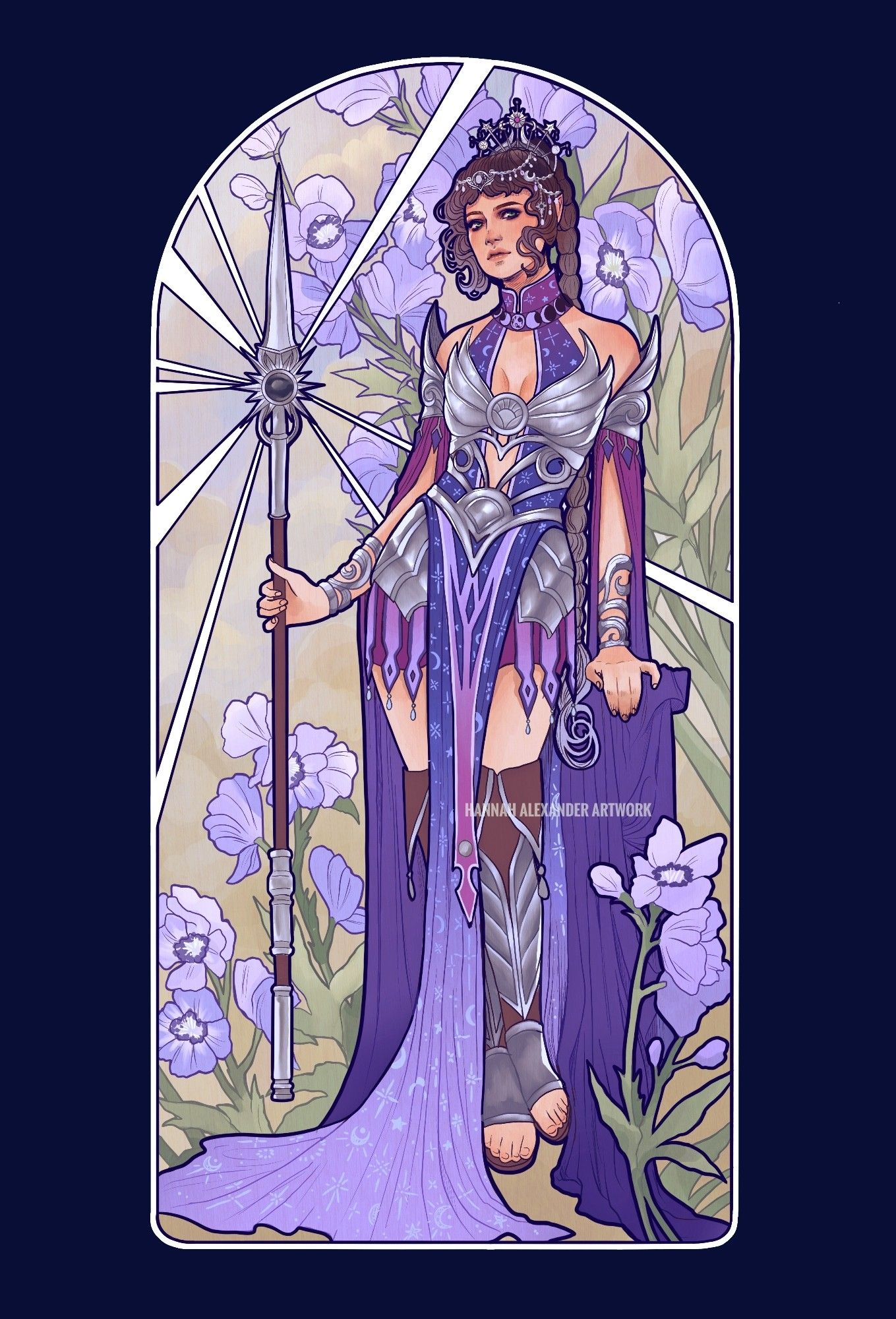 Shadowheart stands in front of a scene of giant, purple wolfsbane flowers, holding a spear and dressed in a purple dress studded with celestial details