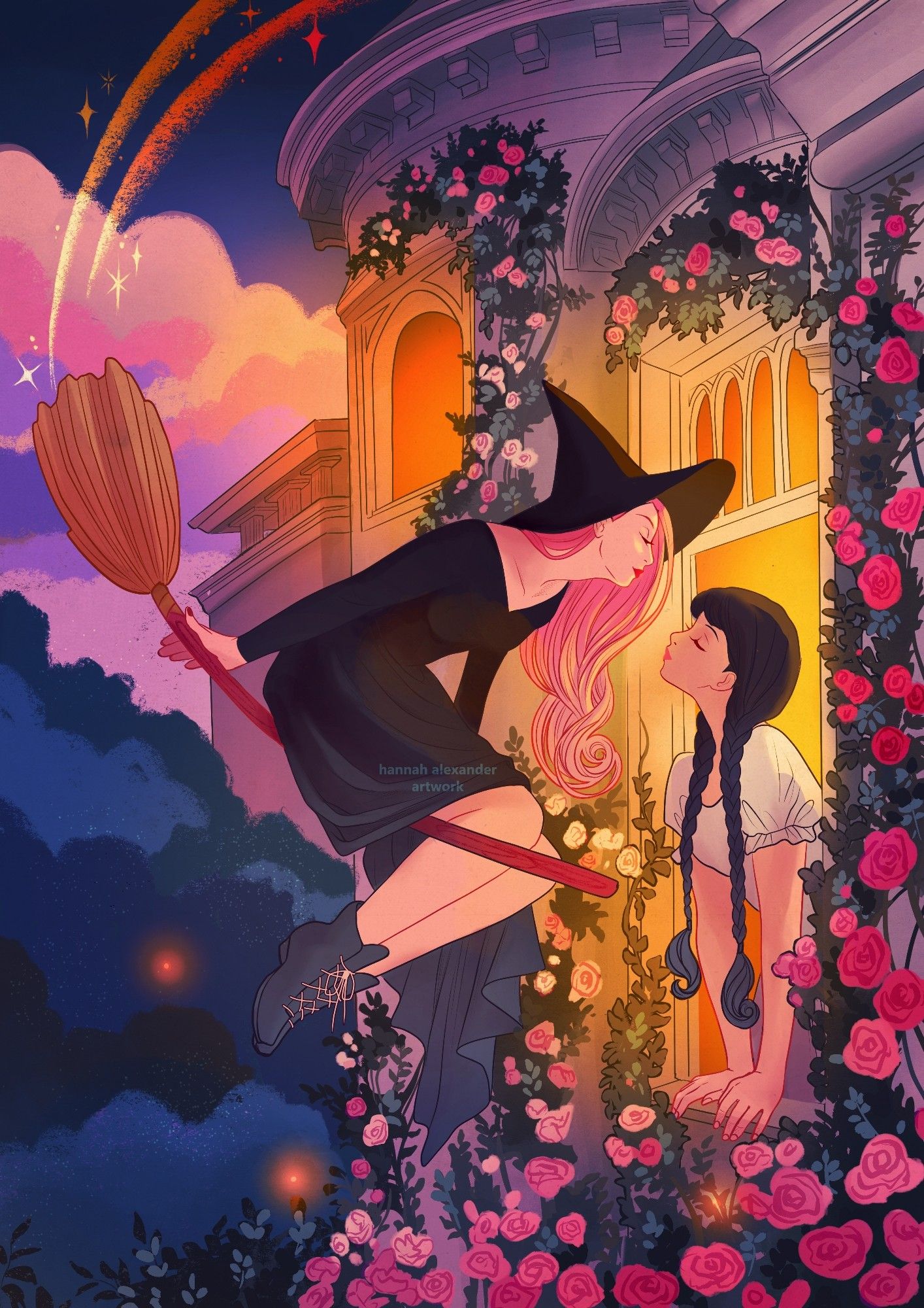 A braided girl leans out of a window framed with roses to kiss a witch floating on a broom against a starlit sky