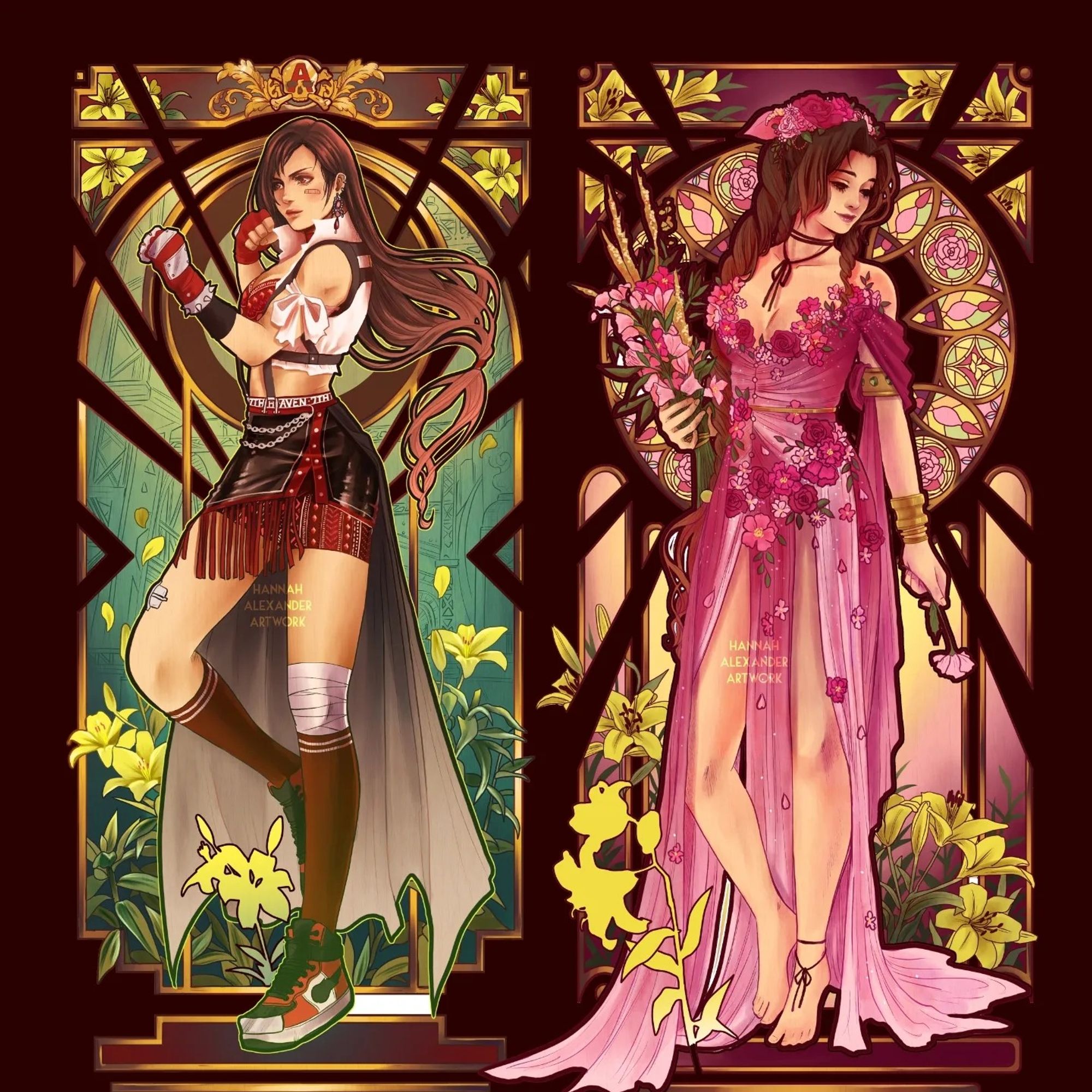 Left: art nouveau style poster of Tifa posing in combat style. Behind her is the city of Midgar, framed in yellow lillies. Right: a similar style poster of Aerith holding a basket of flowers. Behind her is a stained glass church window and more yellow lillies.