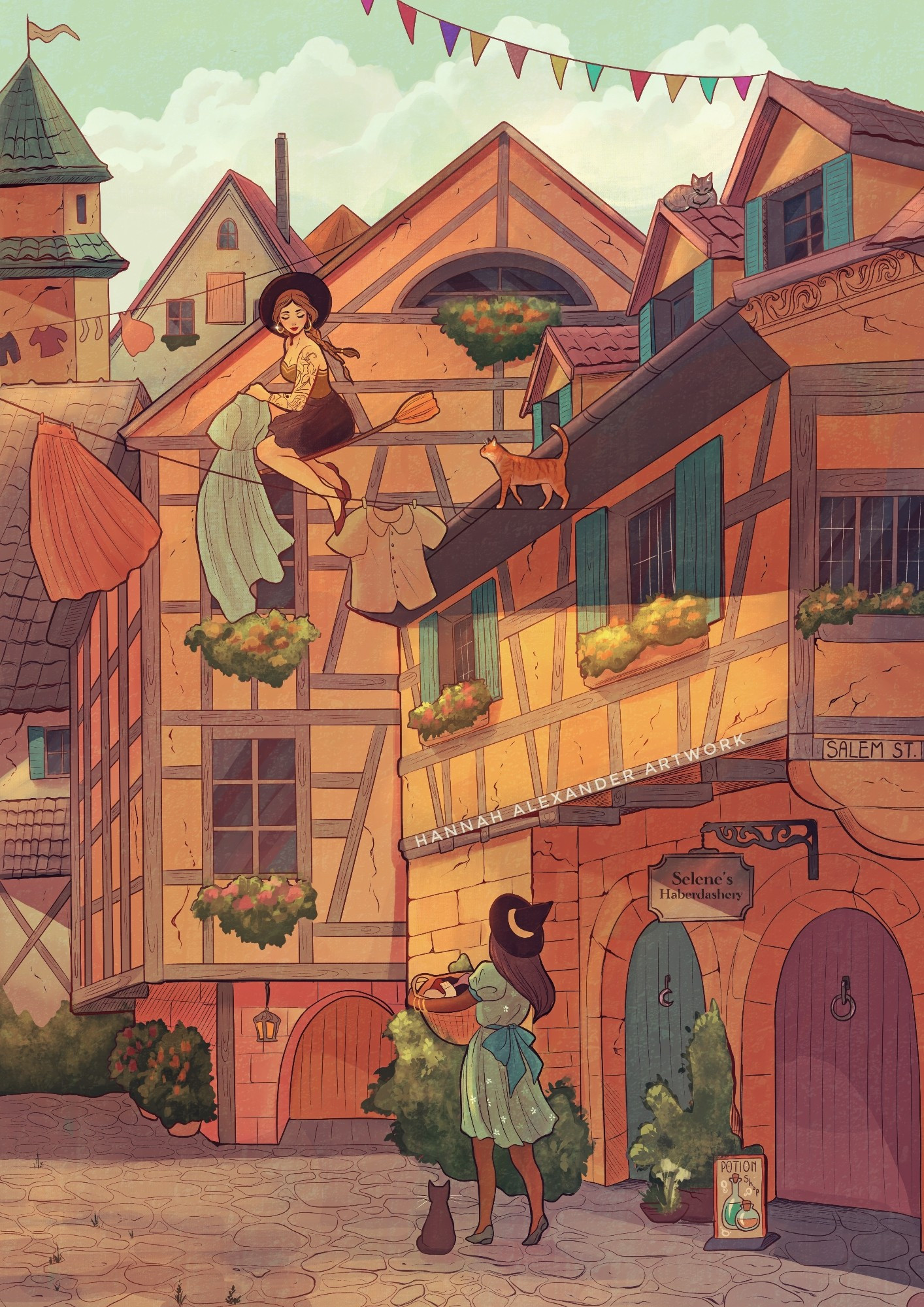 A witch hangs laundry on a line while flying on a broomstick. Below, another witch stands on a cobbled street with a basket of clothes. Tudor style houses crowd around them, painted in warm autumnal tones.