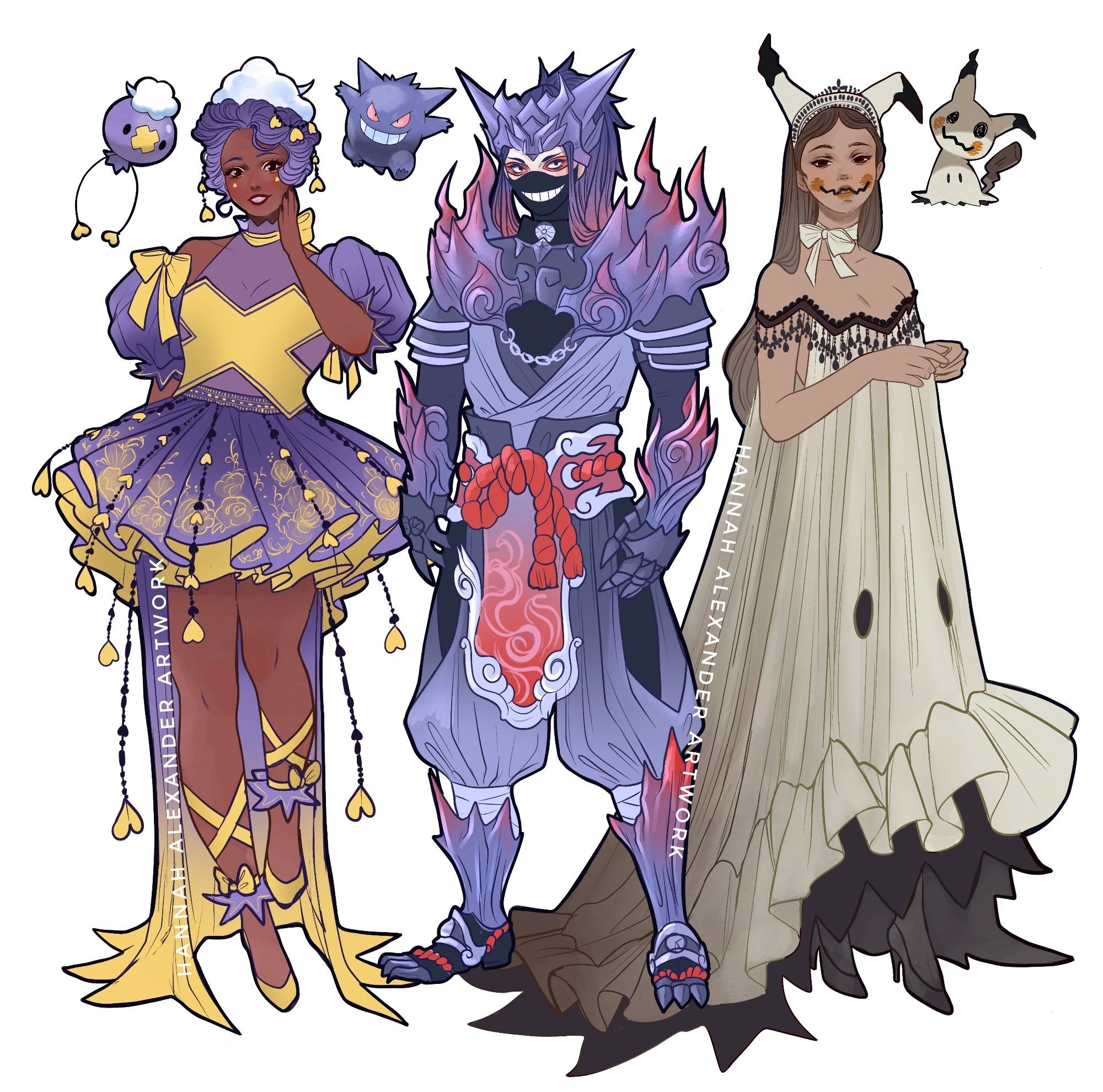 Drifloon, Gengar and Mimikyu, depicted in human form dressed in costumes inspired by their pokemon appearances.