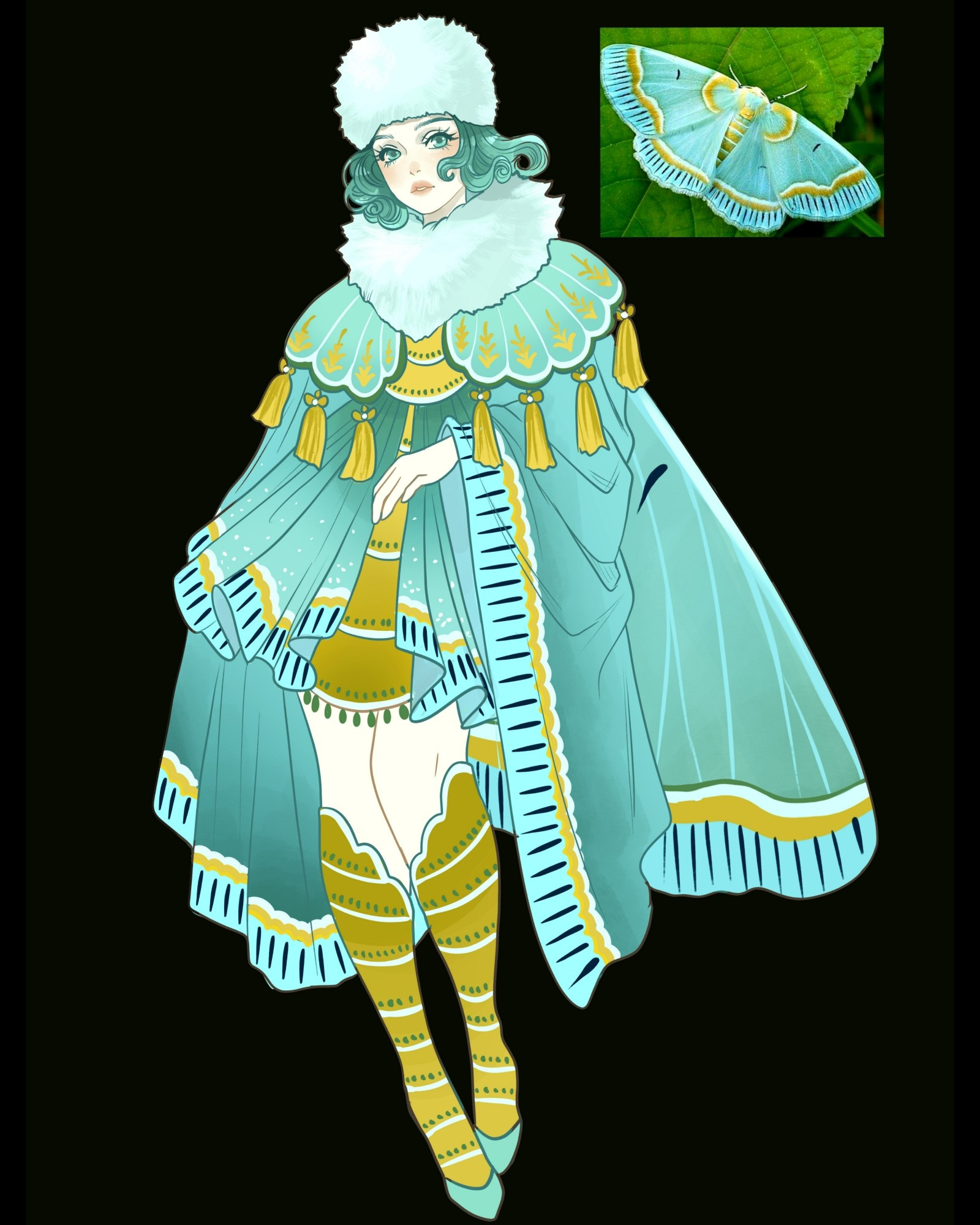 A fae dressed in a long sleeved, aqua gown with patterned trim. Her head is partly covered by a fluffy white hat.