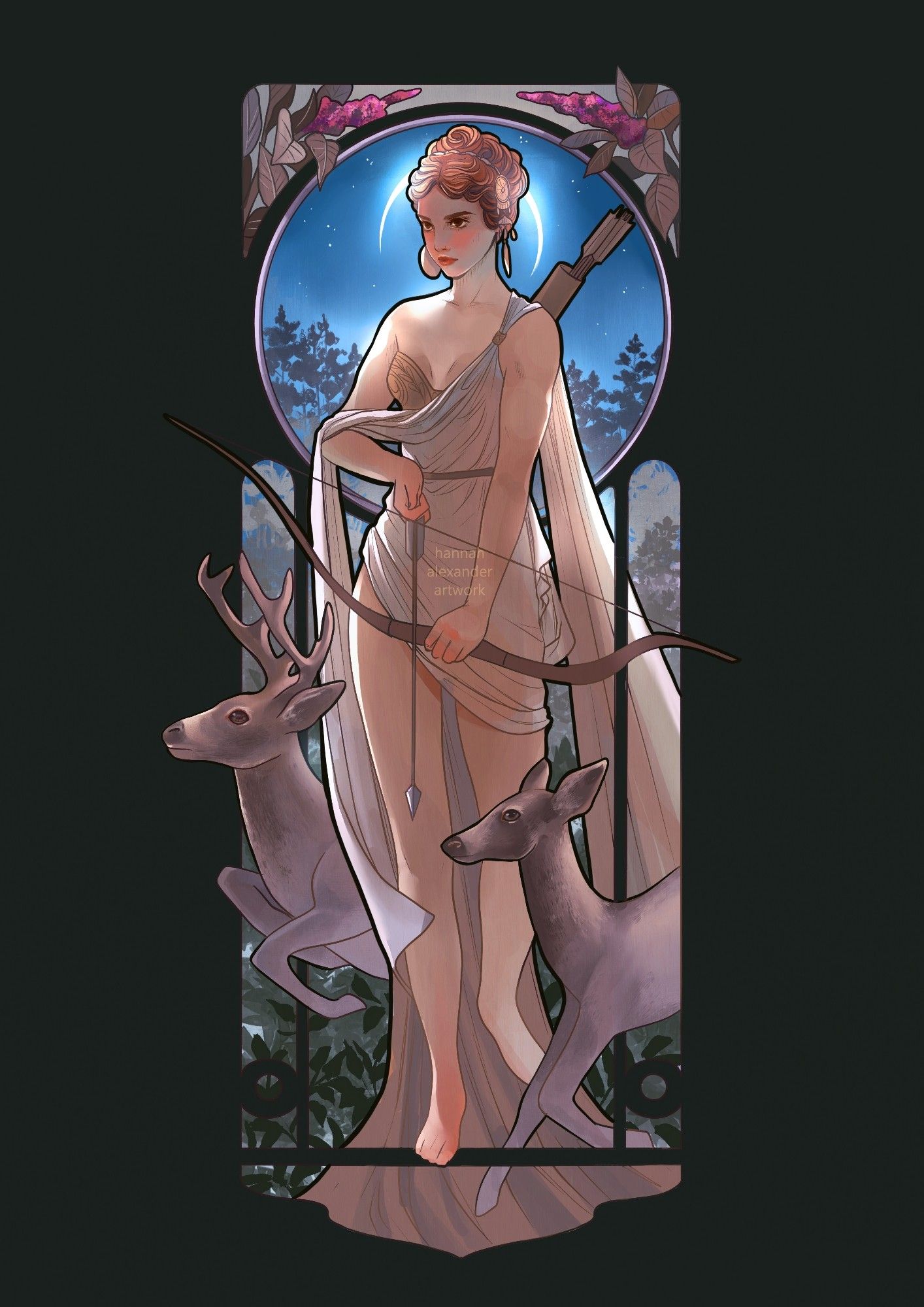 Goddess of the hunt, Artemis, stands under a moonlit sky, flanked by running deer, and holding her bow