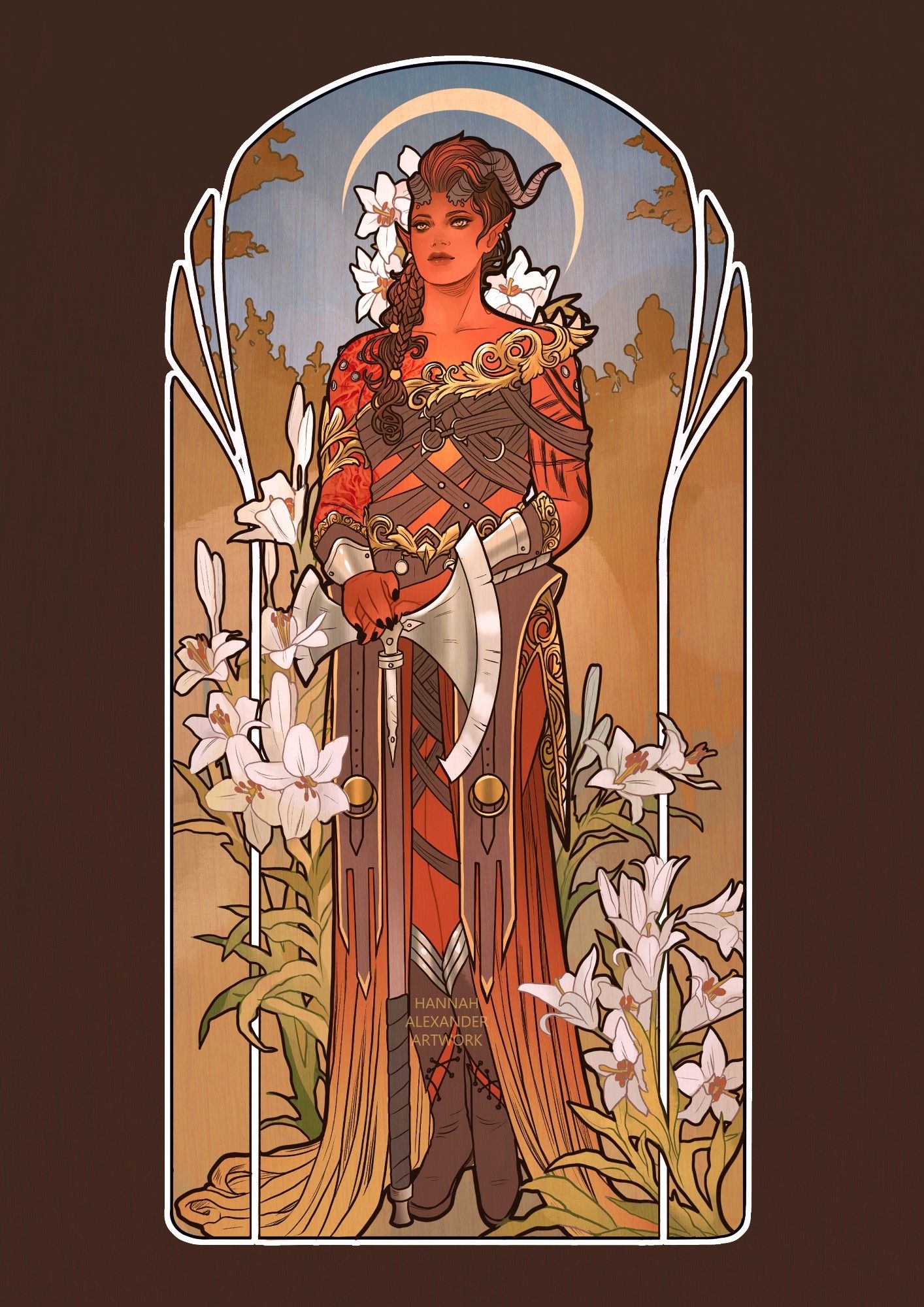 Karlach from Baldur's Gate 3, based on Mucha's 'The Lily'. She stands in front of a backdrop of lilies, holding her axe and dressed in a fiery leather and red costume.