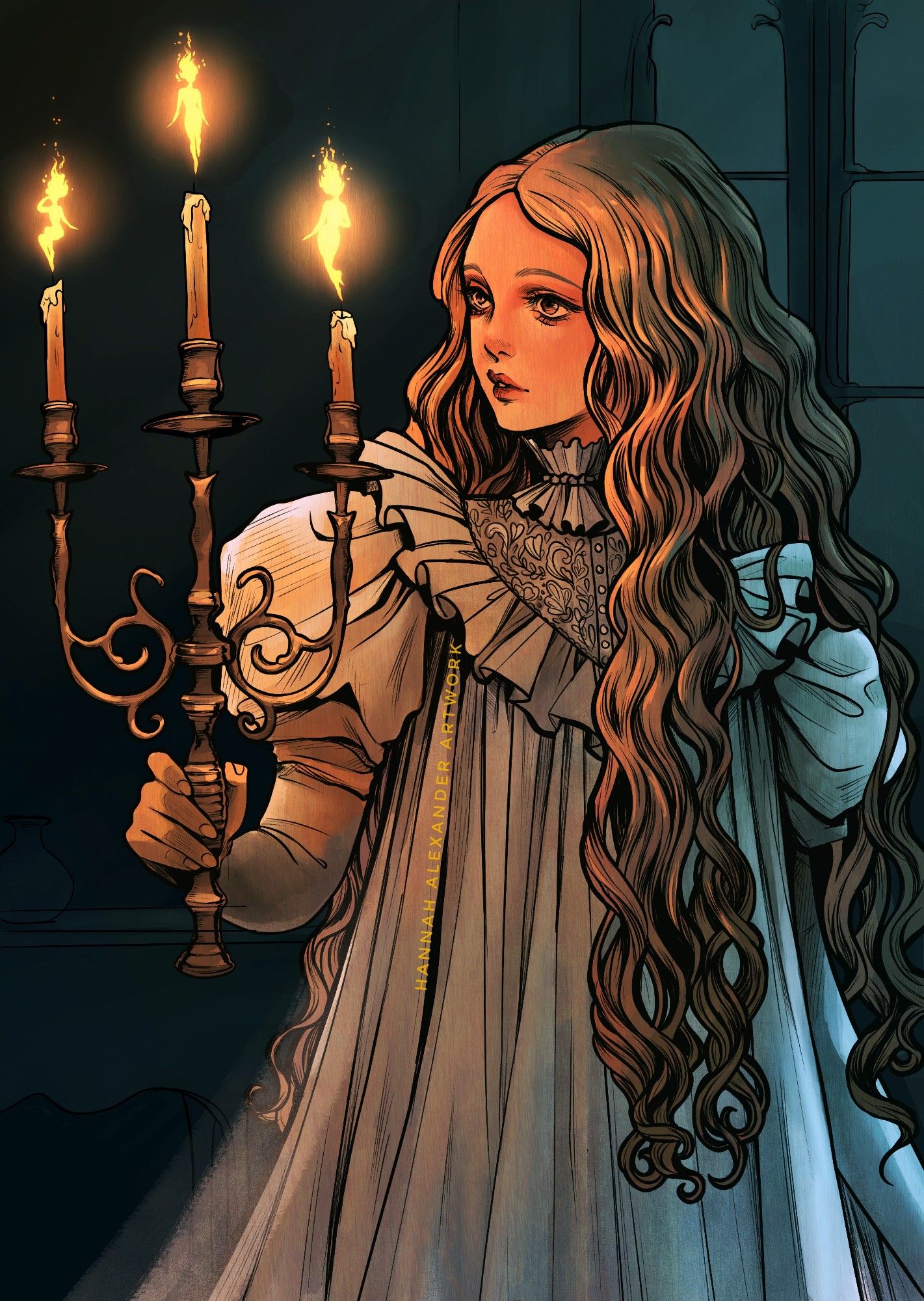 A girl with long curly blonde hair holds up a candlestick in a dark room. The flames are fire sprites, lighting her face in an orange glow