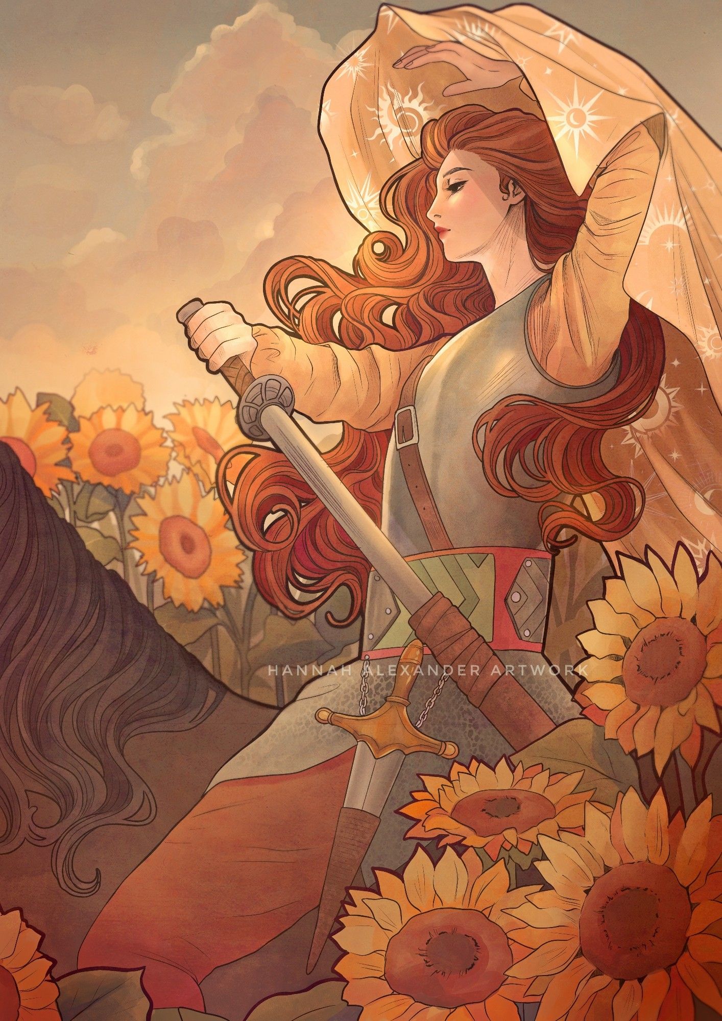 A redheaded woman in armour draws her sword on horse back. Around her is a field of sunflowers, glowing golden in a sunset, and she pulls over her head a cape embellished with suns.