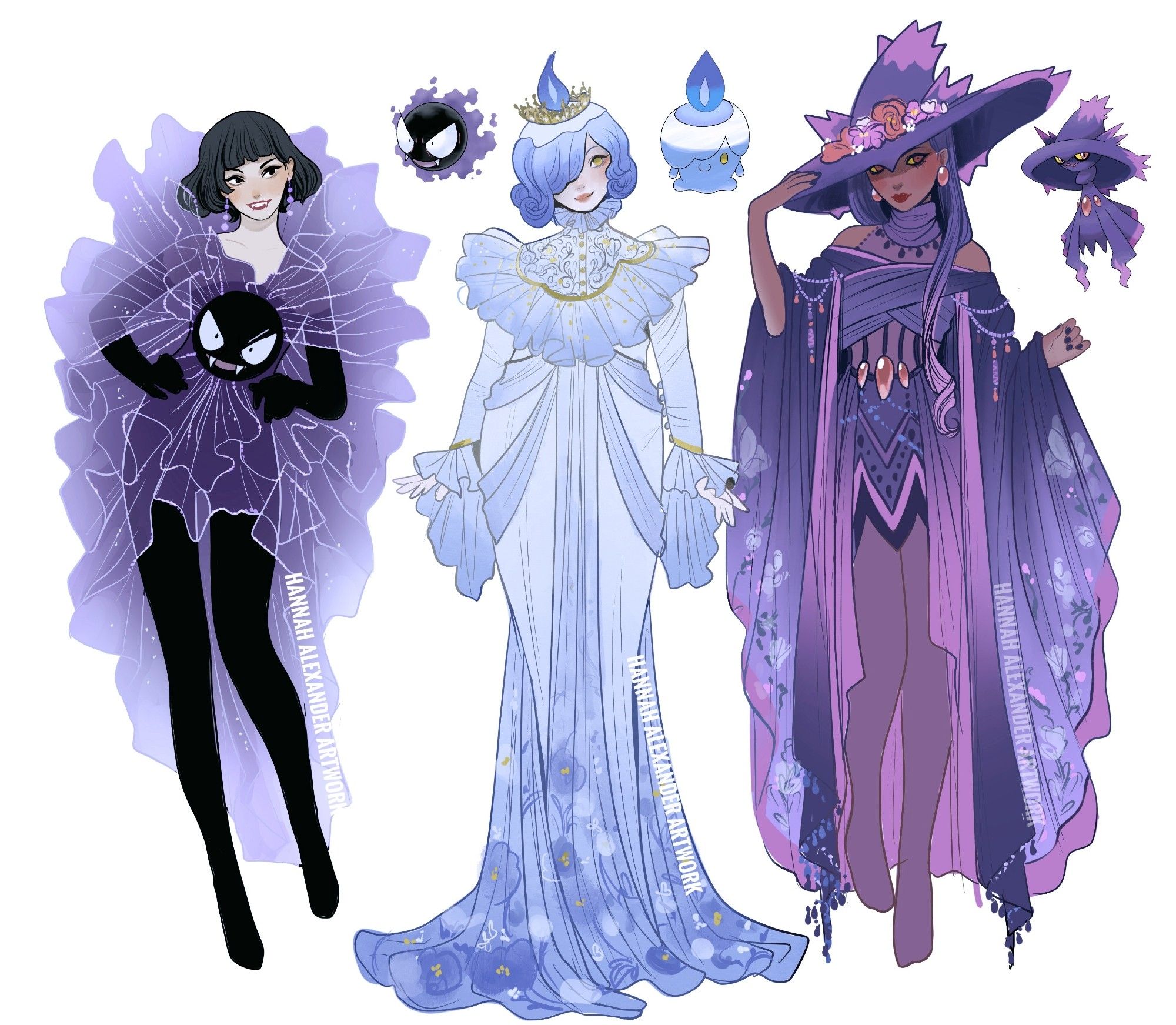 Right: a figure dressed in a Ghastly inspired costume, with a round face over the torso and sheer fabric framing the body. 

Middle: a figure dressed in a Litwick inspired costume. A ruffled bodice descends into draped, floral lace skirts.

Left: a figure dressed in a Mismagius inspired costume. Ombre purple to pink sleeves are trimmed with a floral design.