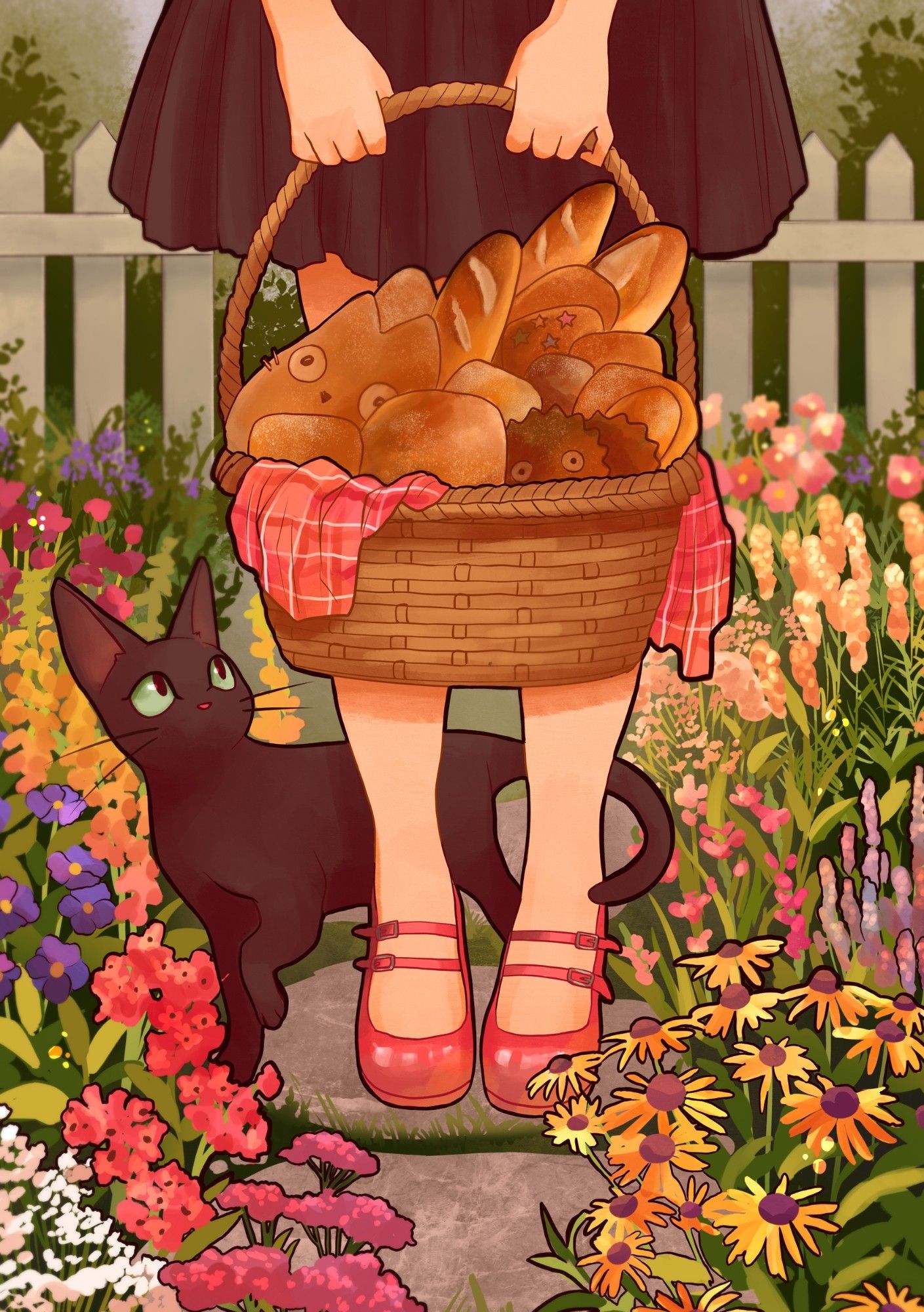 A girl wearing red shoes stands in a flower garden, holding a basket of bread with a black cat at her side. Based on Kiki's Delivery Service.