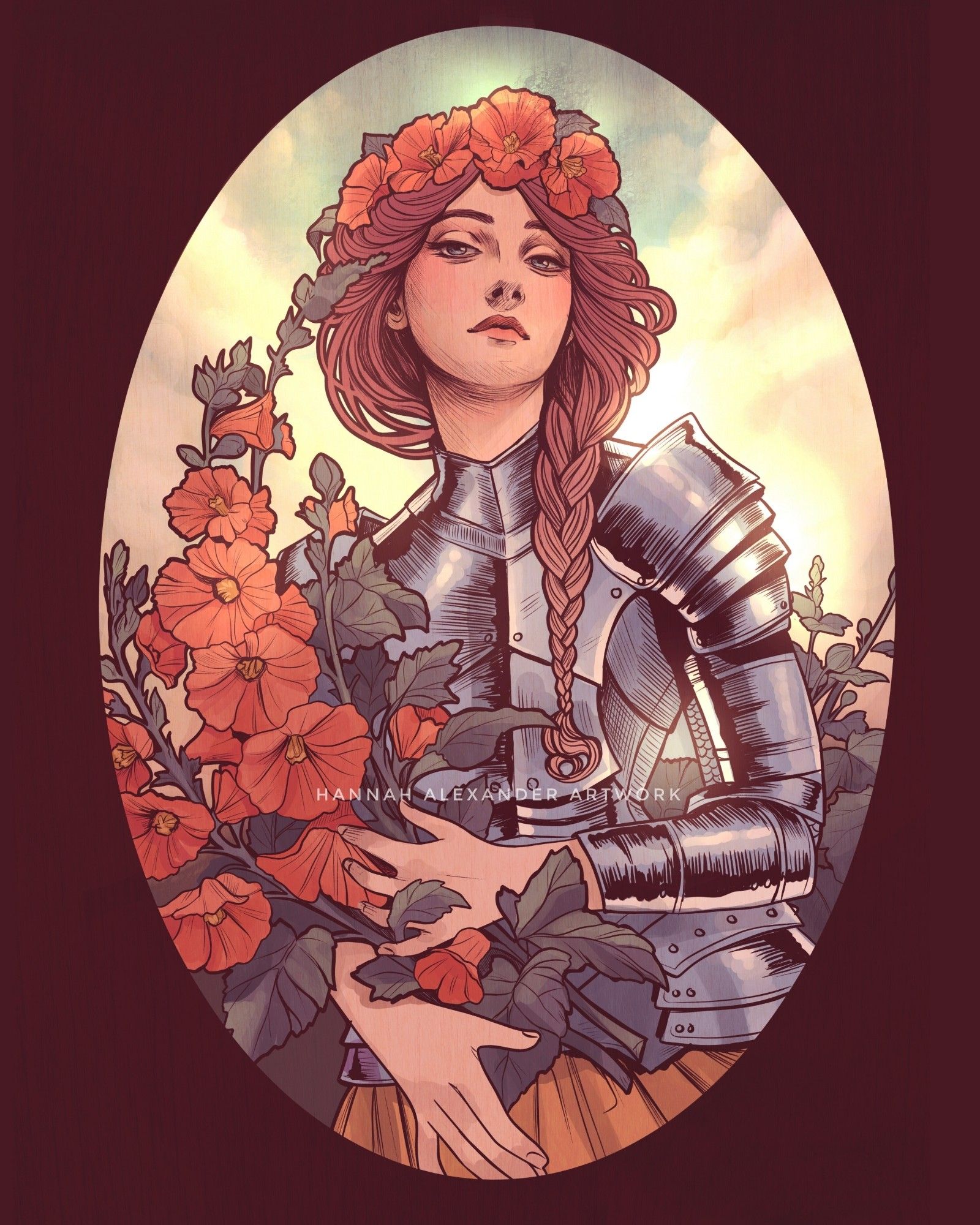 Portrait of a woman with braided red hair, wearing silver armour, and holding a bouquet of orange hollyhocks. She is lit from behind by a golden sunset and stares confidently ahead. Inspired by a French postcard of Ivy Lilian Close.