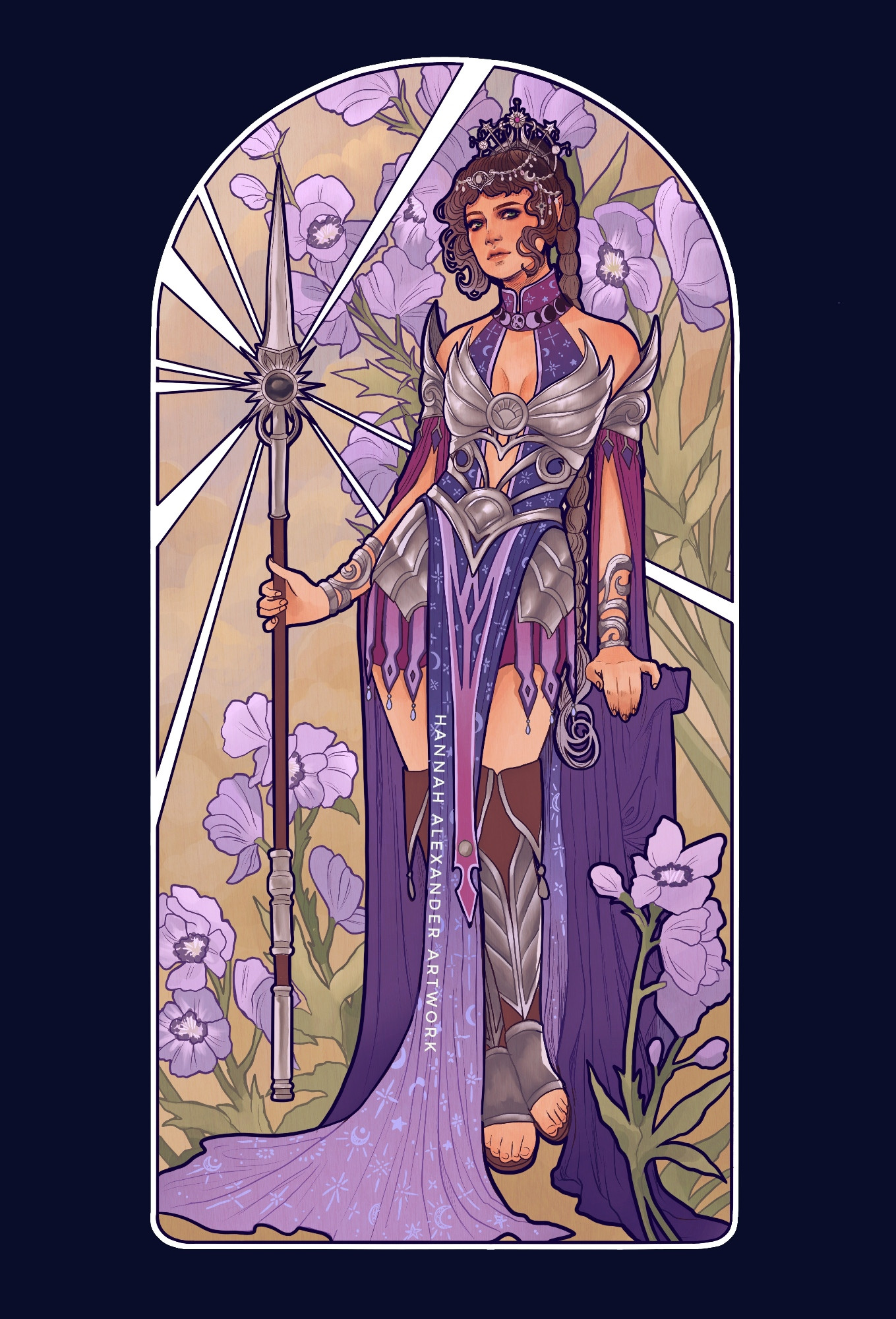 An art nouveau style digital illustration of Shadowheart from Baldur's Gate 3. She stands against a backdrop of purple flowers, wearing a purple gown, and holding up her spear. 