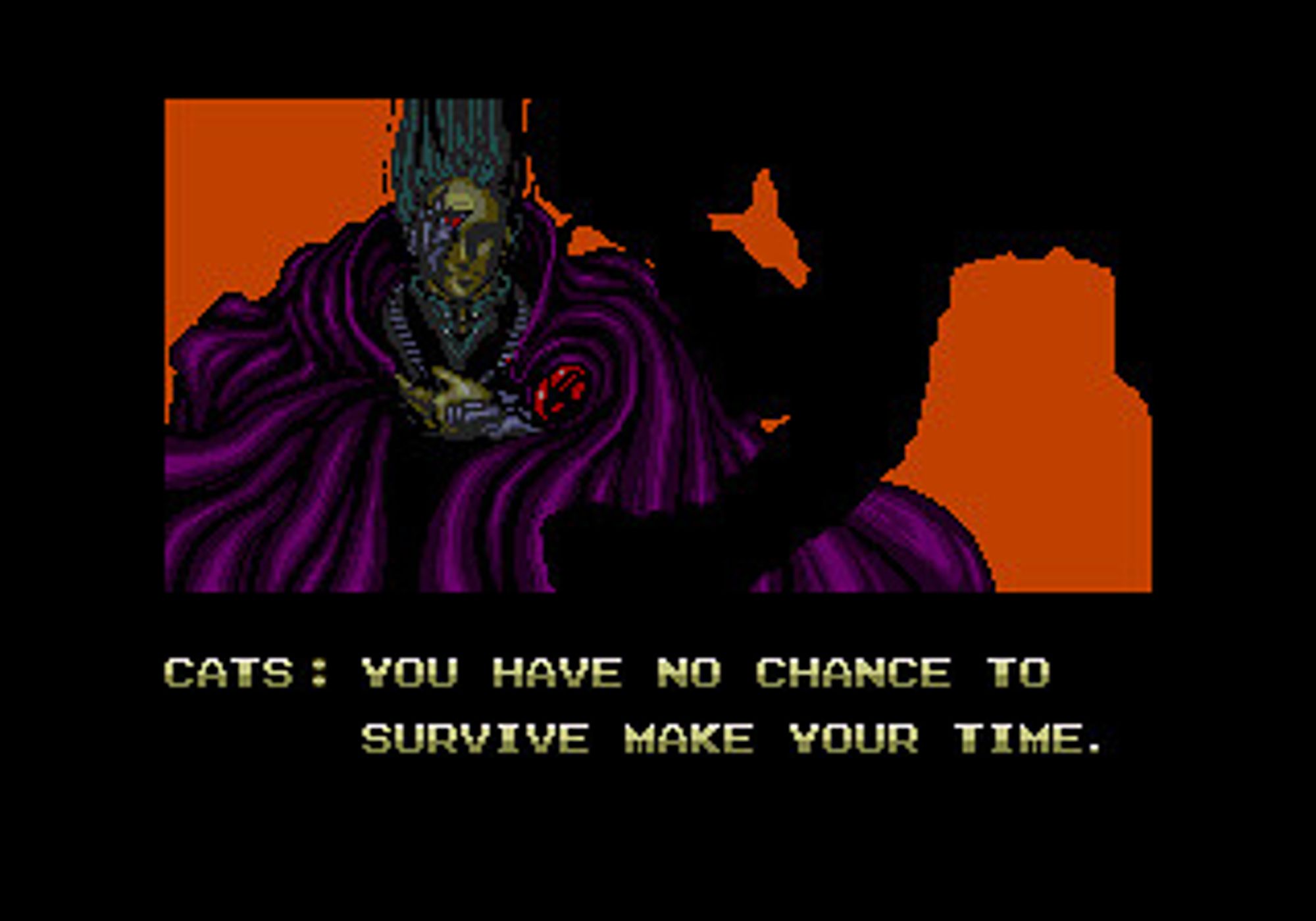 Sort-of classic game cut-scene image with "you have no chance to survive make your time"