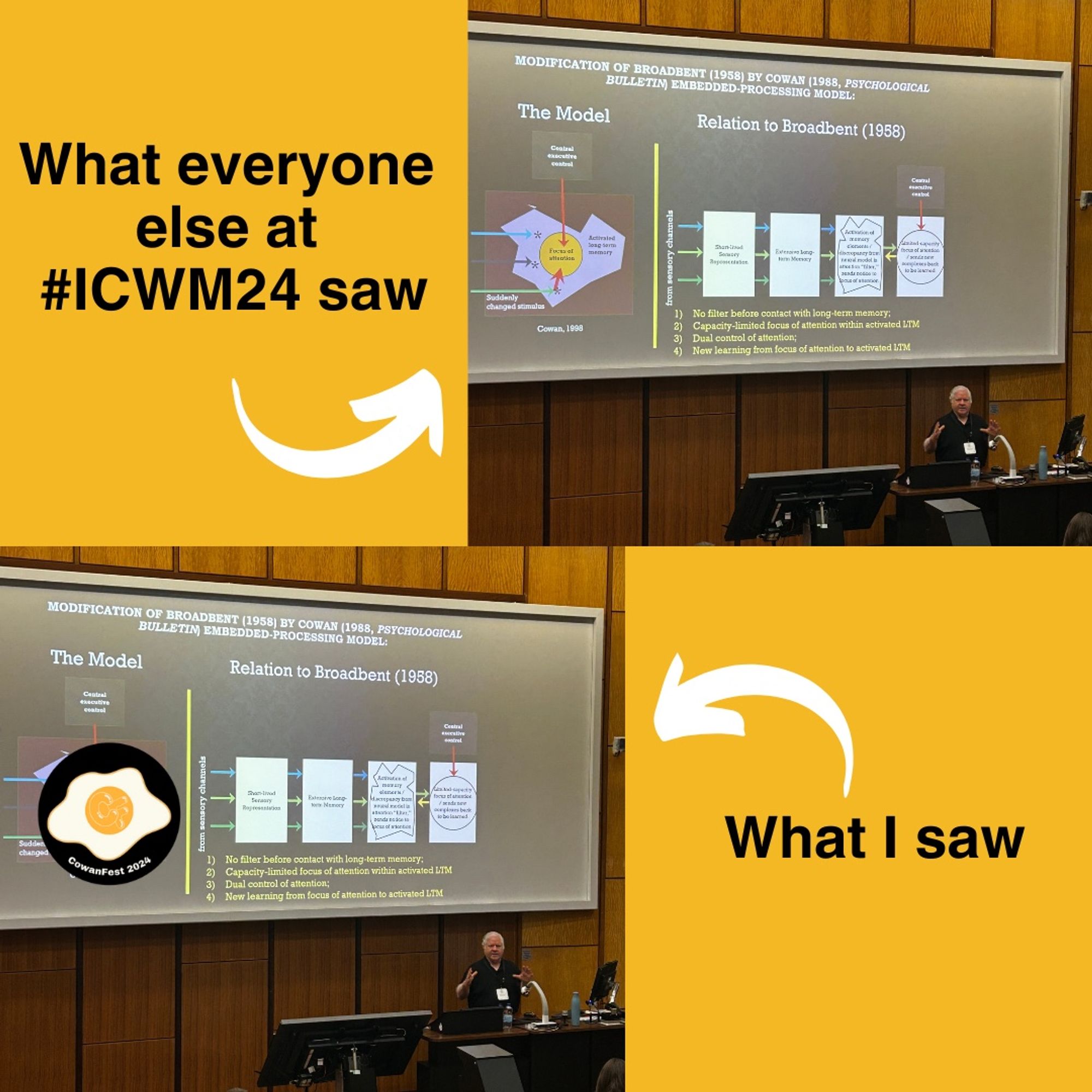 On top: a photo of Nelson Cowan describing his slide with the Embedded Processes Model at the International Conference on Working Memory with the tag “what everyone else saw”
On bottom: the same photo with the “fried egg” icon of CowanFest superimposed on the official depiction of the Embedded Processes Model with the tag “what I saw”