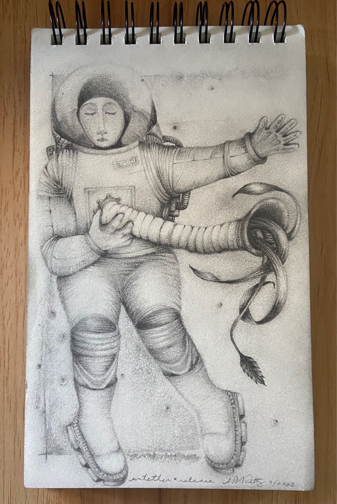 A pencil drawing of a female astronaut holding an untethered hose from her core. The hose has an opening with vines growing out of it.