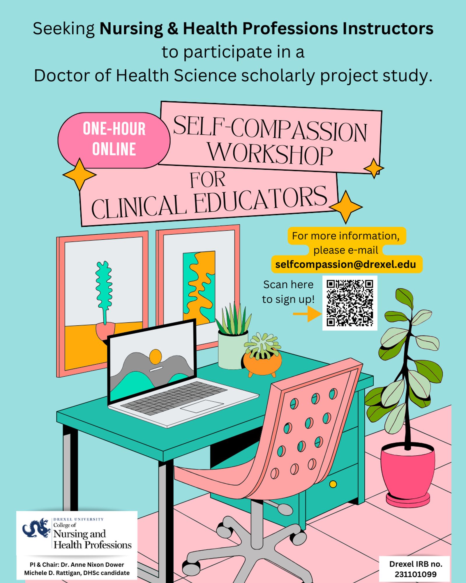 Picture of a desk, laptop, and chair with research announcement. E-mail selfcompassion@drexel.edu with questions.