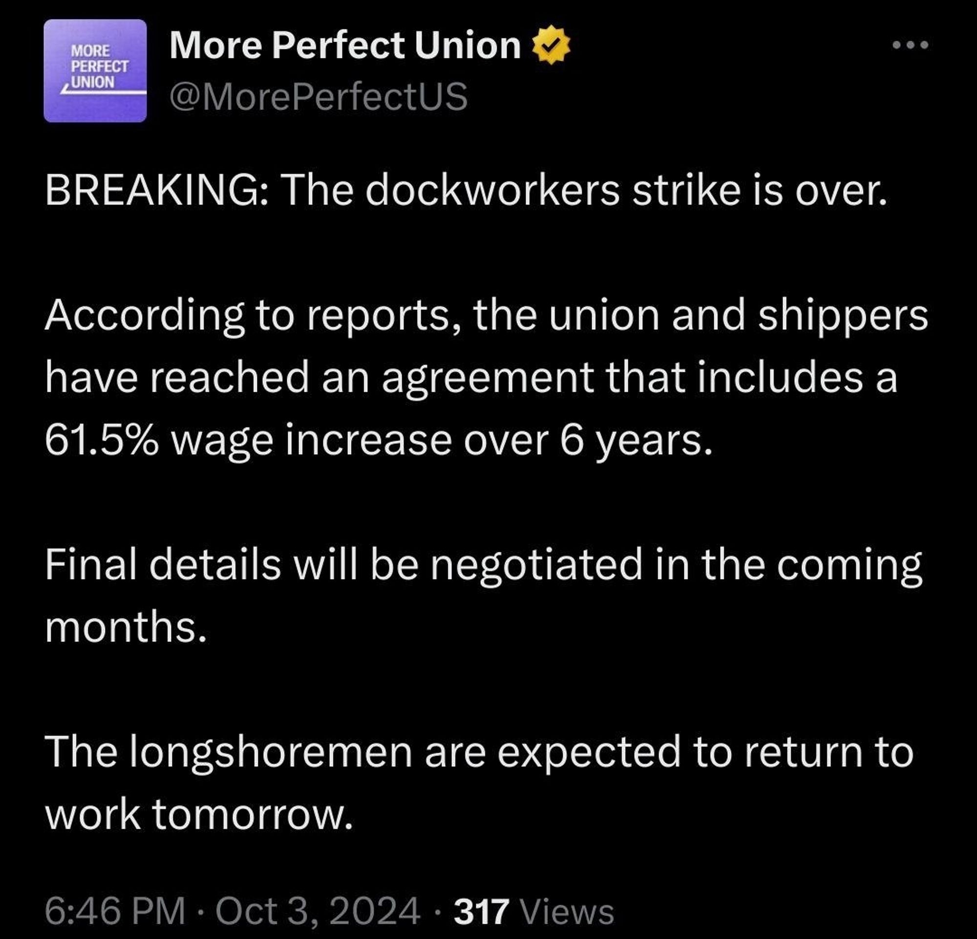 Text reading the longshoremen strike has resulted in a deal to increase wages by 61.5% over the next 6 years.