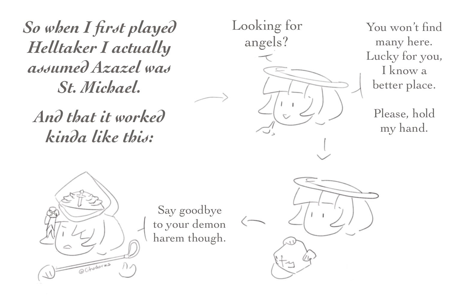 A four panel comic drawn in a sketchy chibi style: The first of them being bold text reading “So when I first played Helltaker I actually assumed Azazel was St. Michael. And that it worked kinda like this:”  

The second panel shows Azazel replying to Helltaker’s “Looking for Angels” answer on her chapter with “You won’t find many here. Lucky for you, I know a better place. Please, hold my hand.” as per the game’s canon events.

The third one shows her putting on St. Michael’s hat, followed by her smacking a riding crop in her hand and saying “Say goodbye to your demon harem though.” on the fourth panel, just as St. Michael appears on the Heaventaker ending image