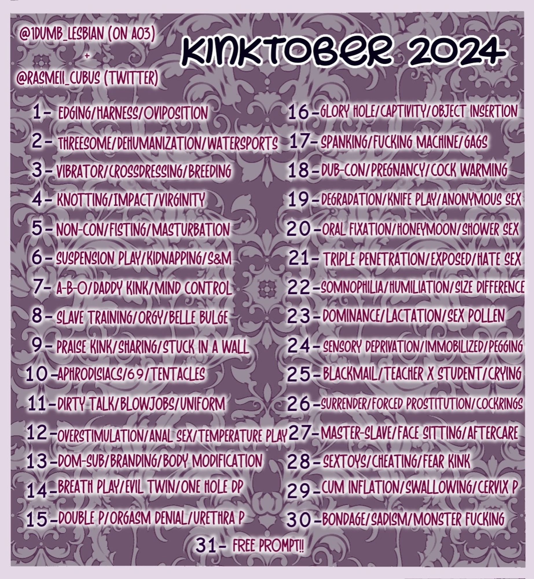 A list for the kinktober 2024