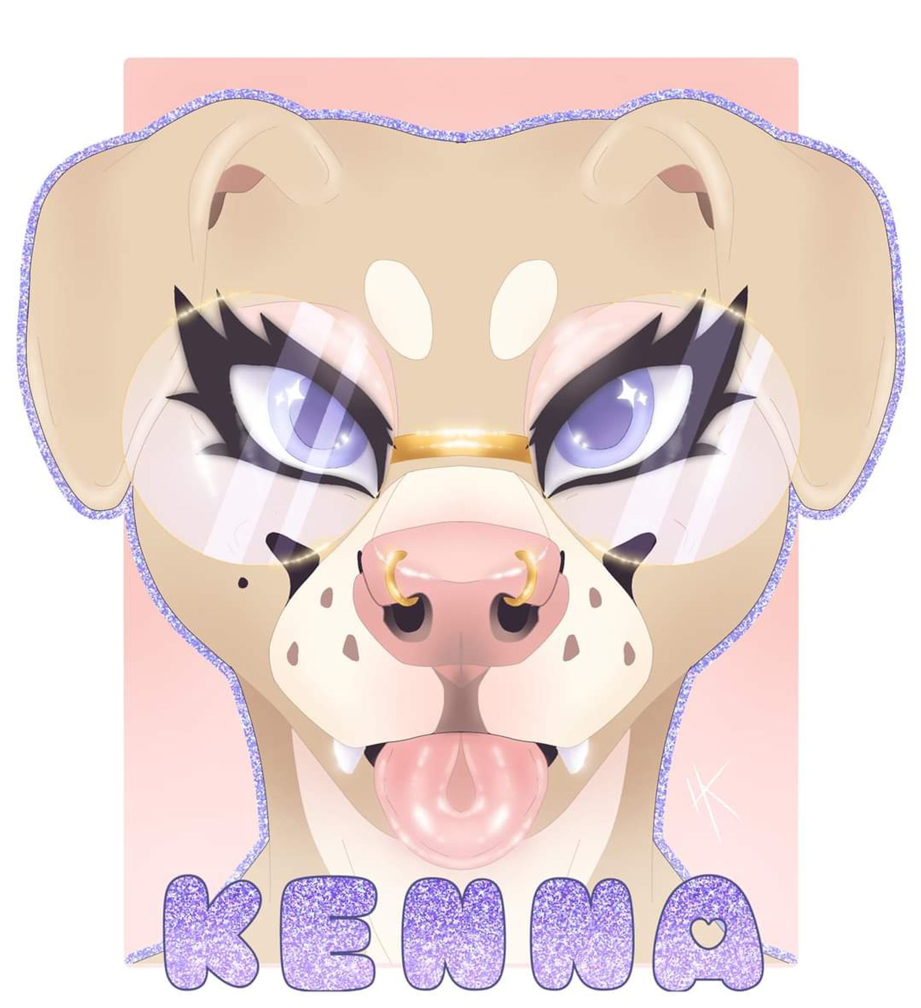 a symmetrical digital drawing of a tan and cream cartoon pitbull with glasses, a pink nose, purple eyes, and a little blep tongue. the name "Kenna" is written underneath in purple glitter.