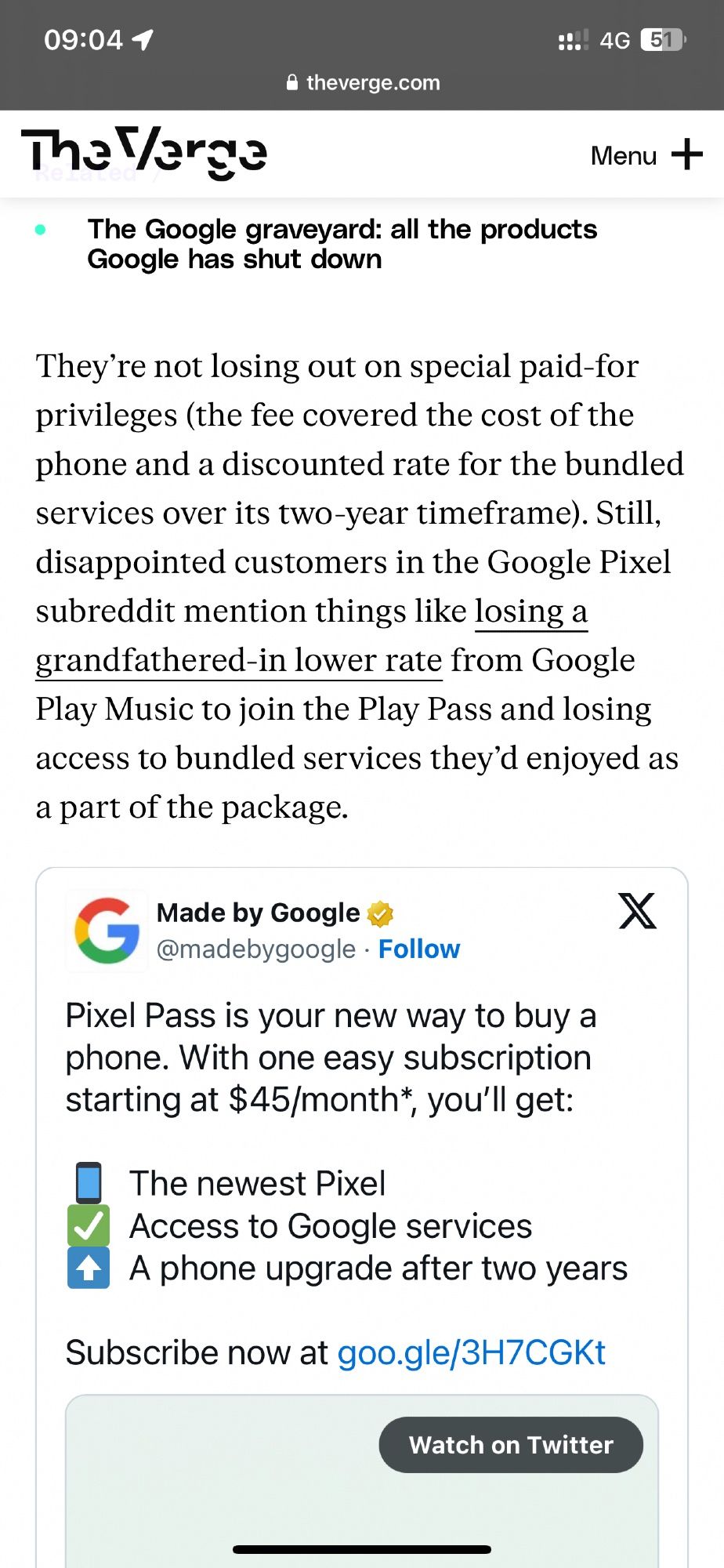 A The Verge article with an embedded tweet. The X logo looks like a close button.