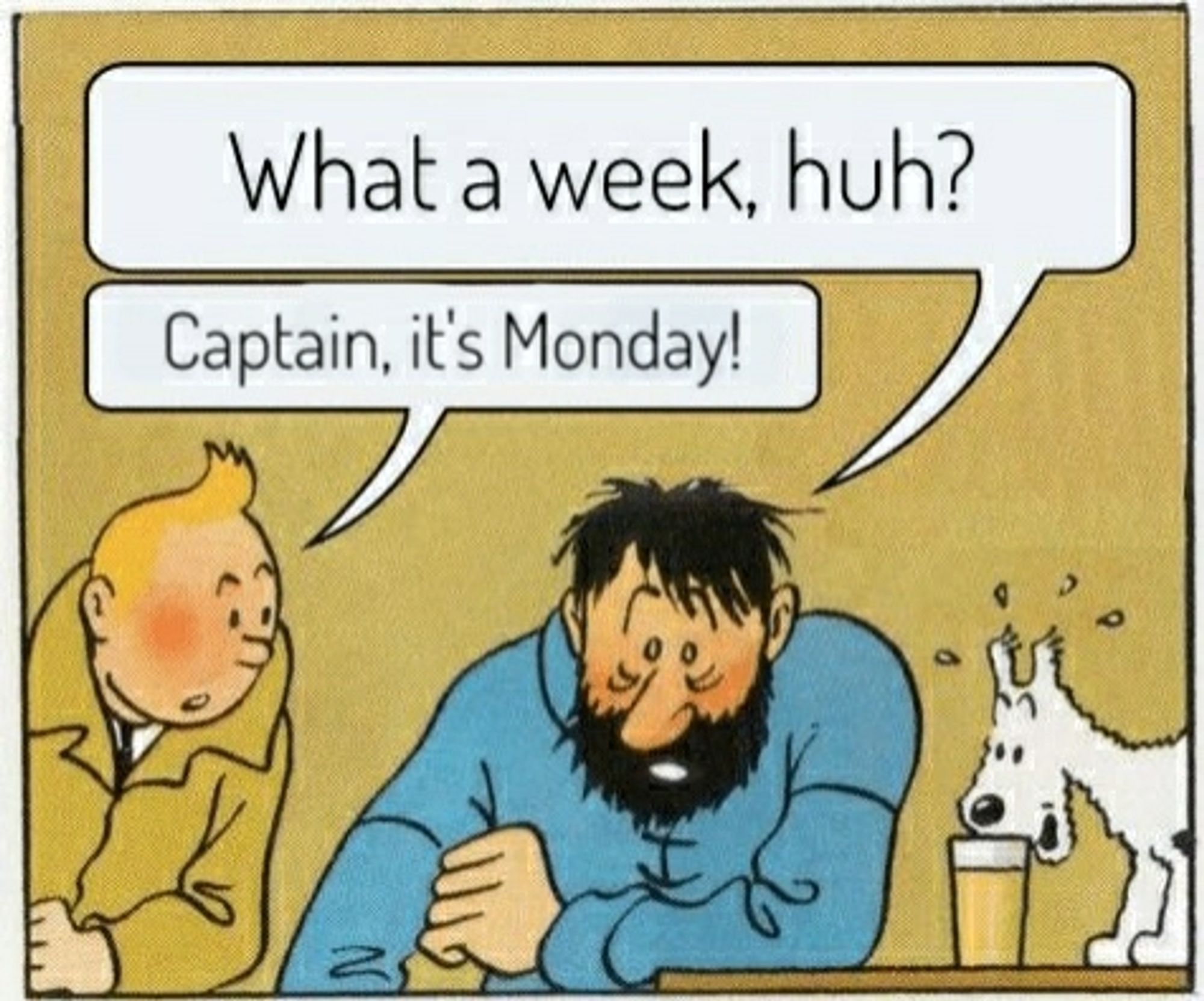 Meme do capitão desolado e do tintim. 

Captain: "What a week, huh?"
Timtim: "Captain, it's monday"