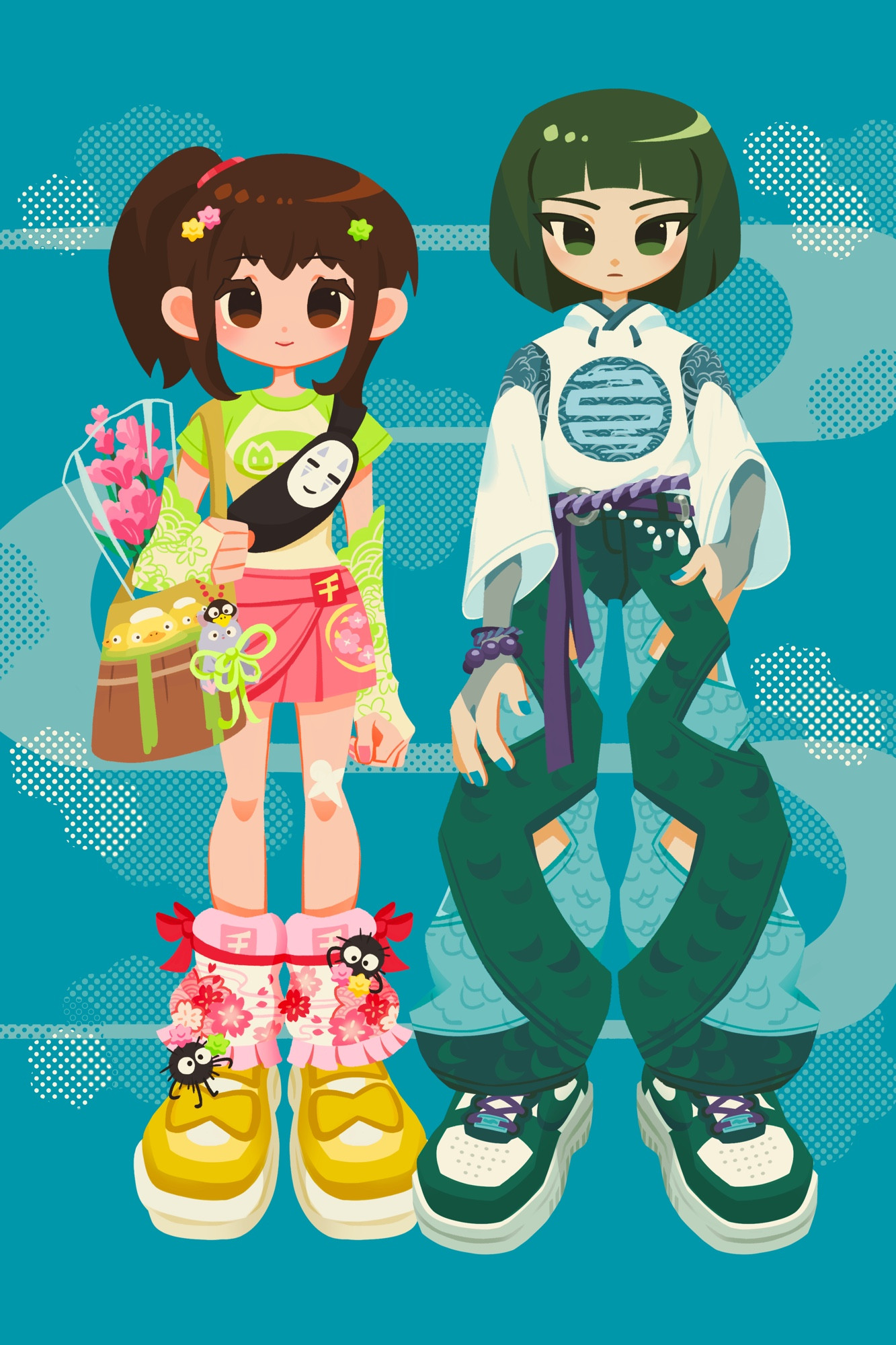 chibi style chihiro and haku from spirited away dressed in harajuku inspired street fashion versions of their iconic outfits. behind them is a teal background decorated by an ornate snake-like shape and screentone patterned clouds.