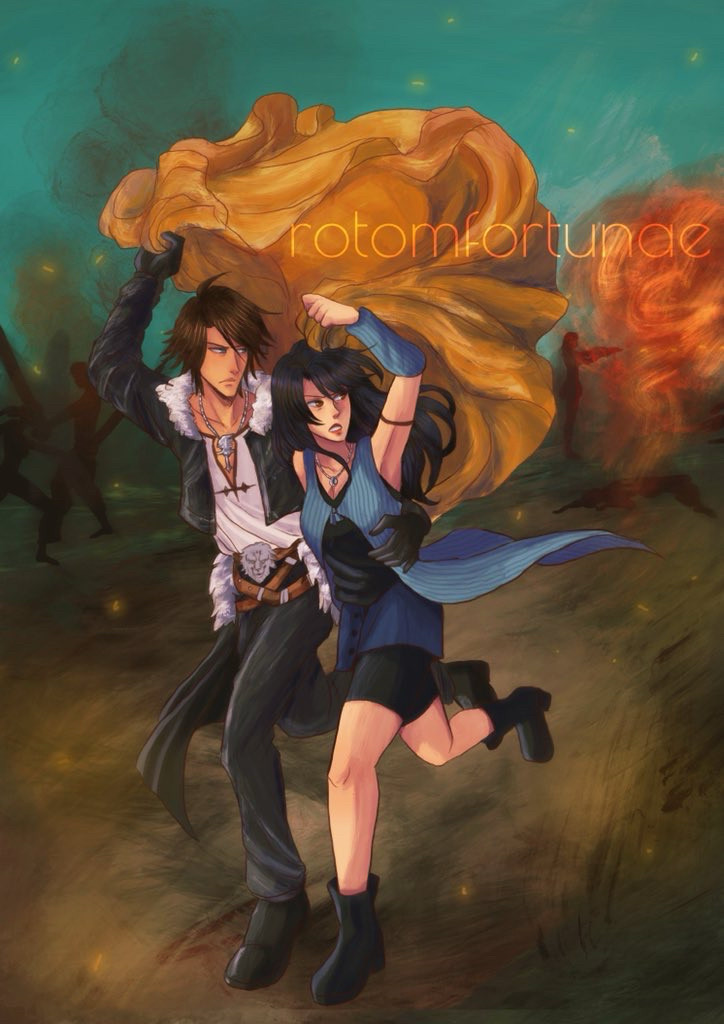 illustration of Squall and Rinoa from Final Fantasy 8 in the style of Pierre August Cot's "The Storm"; a young man and woman attempt to shield themselves from an ongoing battle using a gold tarp. the young man has brown messy hair and is wearing an outfit consisting of a white shirt, a leather bomber jacket with feathers on the collar, and leather pants with many belts and feathers adorning his hips. the young woman has long black hair and is wearing a long blue vest over a black shirt and a dark blue miniskirt over black spandex shorts. she is also wearing combat boots and light blue arm sleeves separate from her shirt.