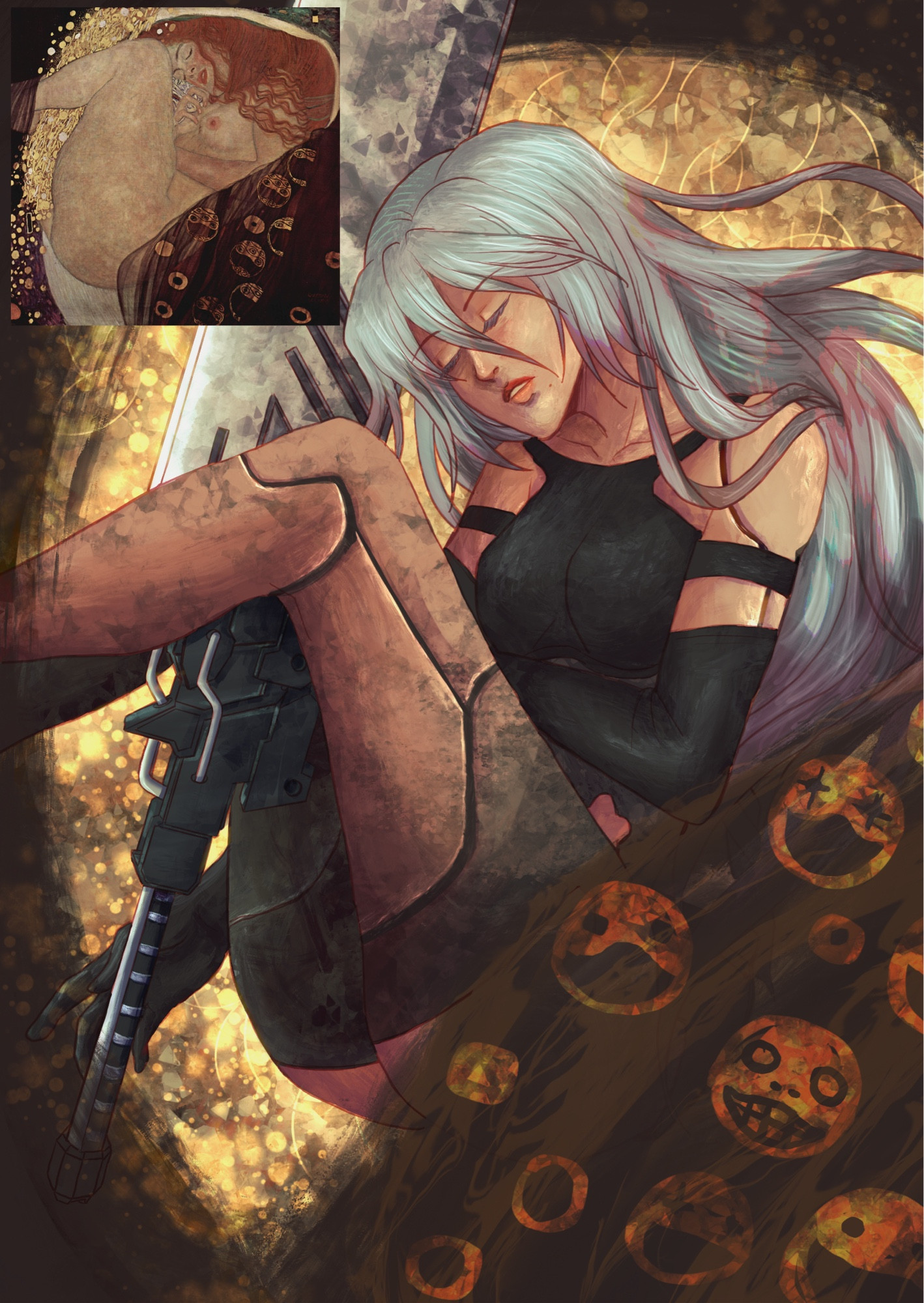 illustration of A2 from Nier Automata as Gustav Klimt's Danaë: an android woman with silver hair, scant black clothing, and light skin lays in the fetal position upon an abstract gold background; she clutches a sword shaped like a giant boxcutter blade and is wrapped in brown cloth with abstract skulls printed on it