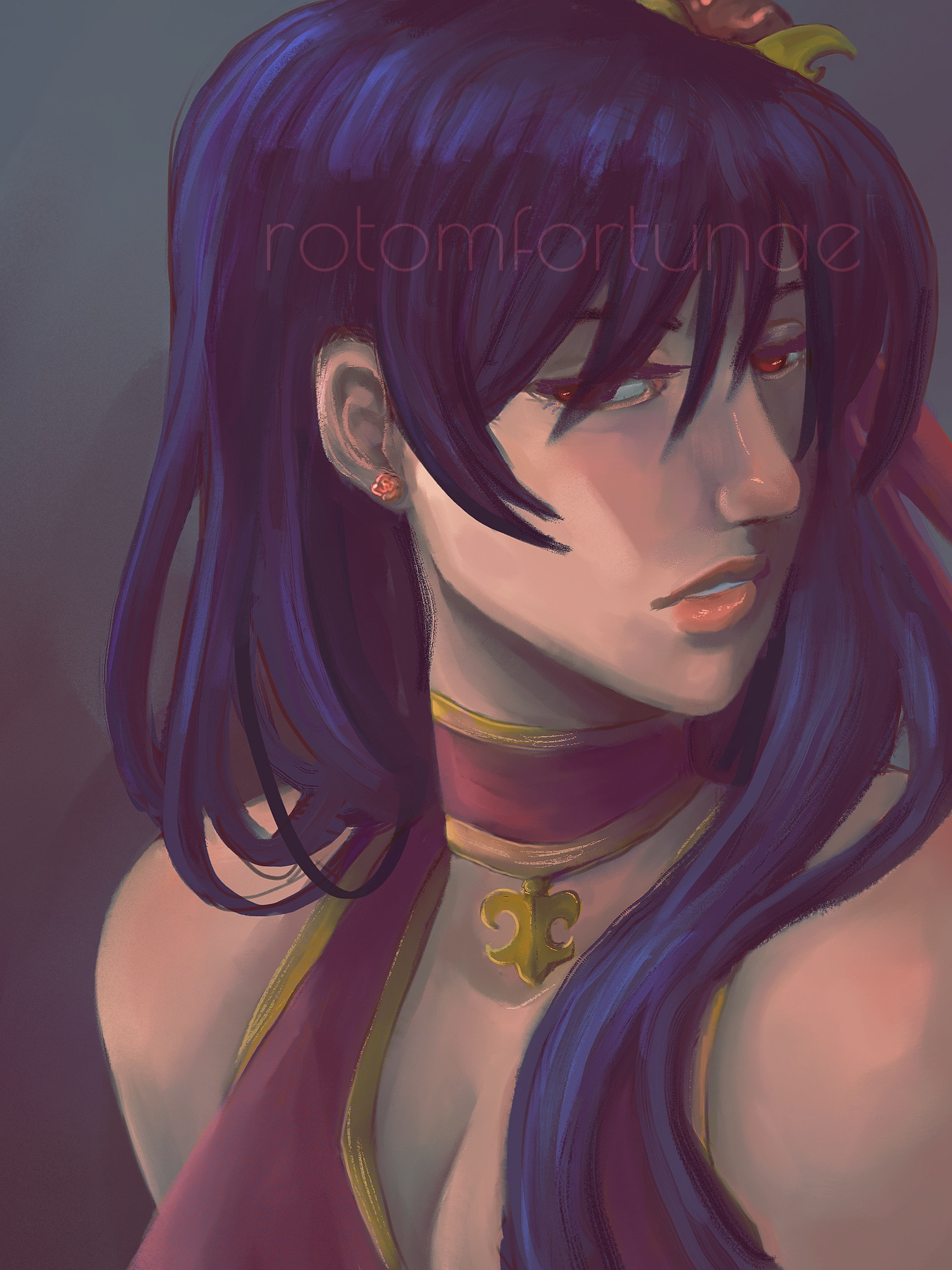 digital painting of a young woman with bluish black hair, fair skin, and a red halter top with gold adornments; she is facing in a 3/4ths position away from the viewer, her eyes peering back at them