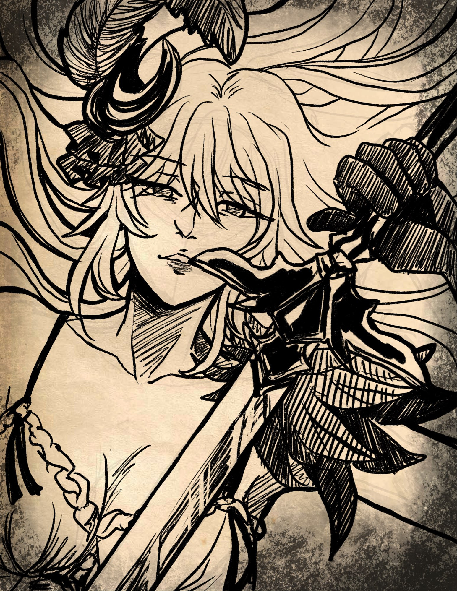 ink line drawing of Dark Jeanne D'arc from Granblue Fantasy: a woman with scant clothing, black hair decorations and long light hair brandishes a sword at the viewer