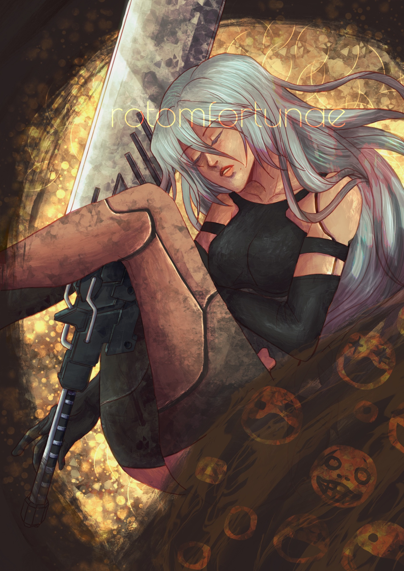 illustration of A2 from Nier Automata in the style of Gustav Klimt's "Danaë"; an android girl with white hair and black attire lays in a field of gold light in the fetal position, cradling an enormous sword. surrounding her is a delicate brown  cloth with figures of her enemies imprinted upon it.