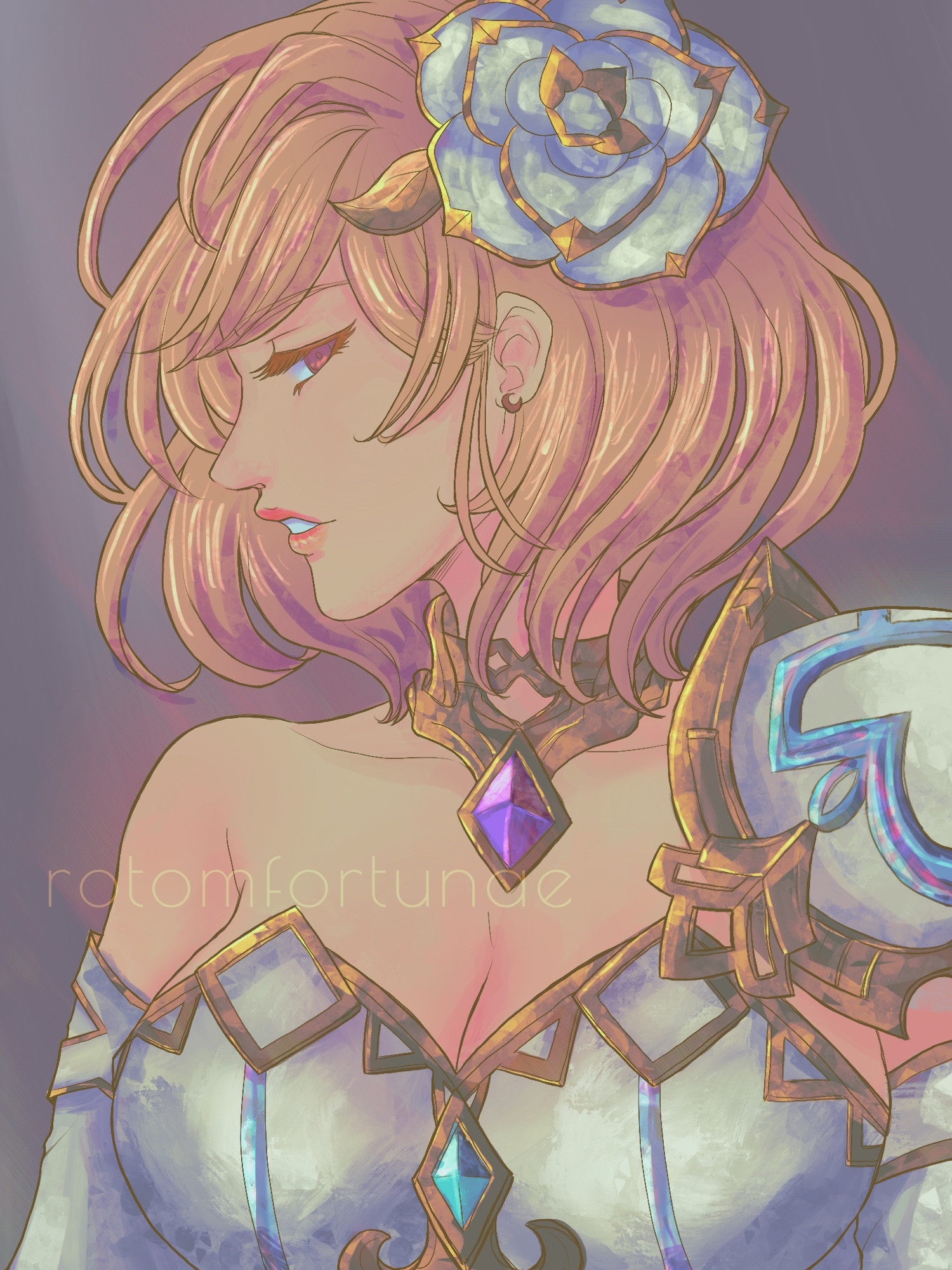 illustration of Glorybringer Djeeta from Granblue Fantasy: a young woman with blonde hair, fair skin, a white flower in her hair, and white armor with gold trim and blue and purple jewels; she is in a profile view, her brown eyes looking back at the viewer