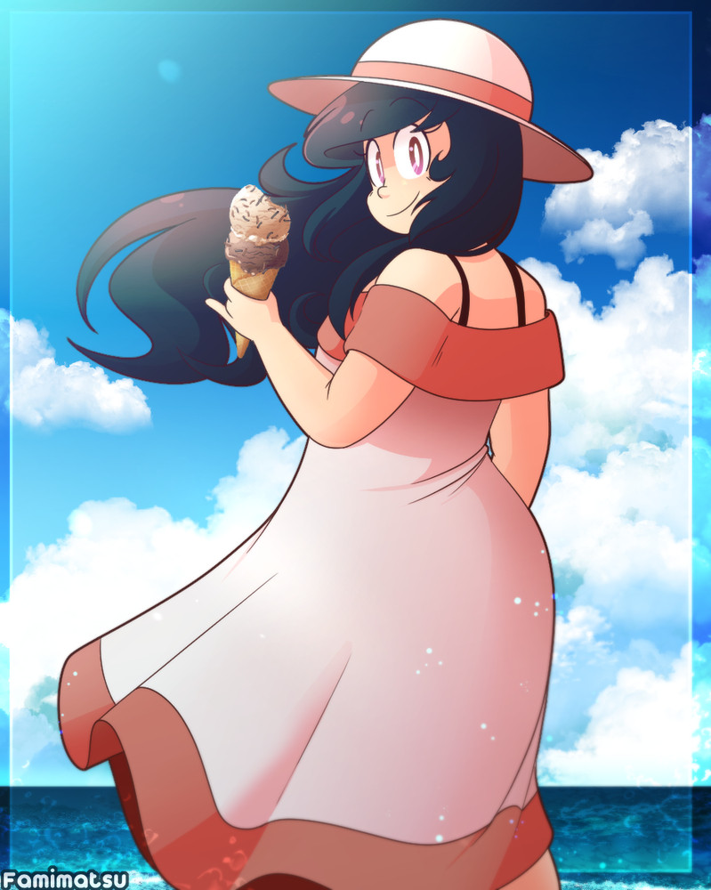 Kazu with her back angled 3/4th towards the viewer, with her looking back towards them. She is holding an ice cream cone and is in her summer dress outfit, standing on the beach near the ocean