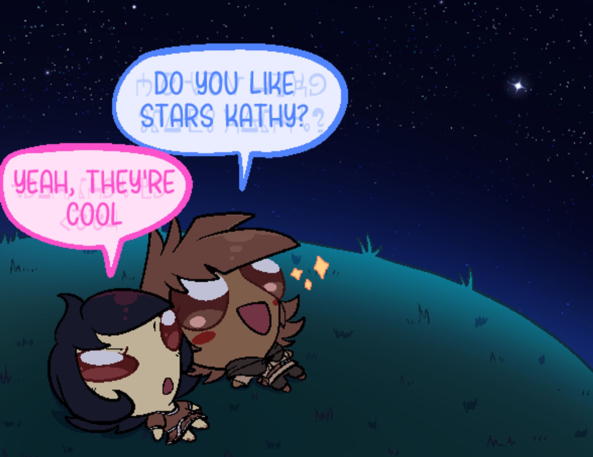 A redraw of lilalienz4ever's stargazing art of a young Mike and Kathy laying on the grass looking at the stars. Mike asks "Do you like stars Kathy?" with a smile. Kathy replies "Yeah, they're cool" with a passive, yet shiny eyed expression.