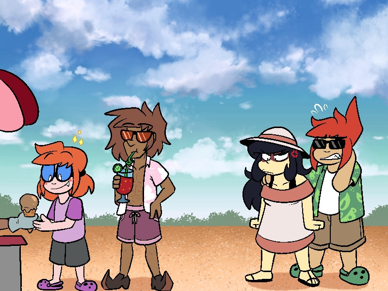 DeSa family, at the beach. Laura is happily getting an ice cream while Mura stands behind her sipping at a cocktail. Behind him, Nate is holding Kazu back nervously as she clenches her fists and stares daggers at Mura's stupid shoes