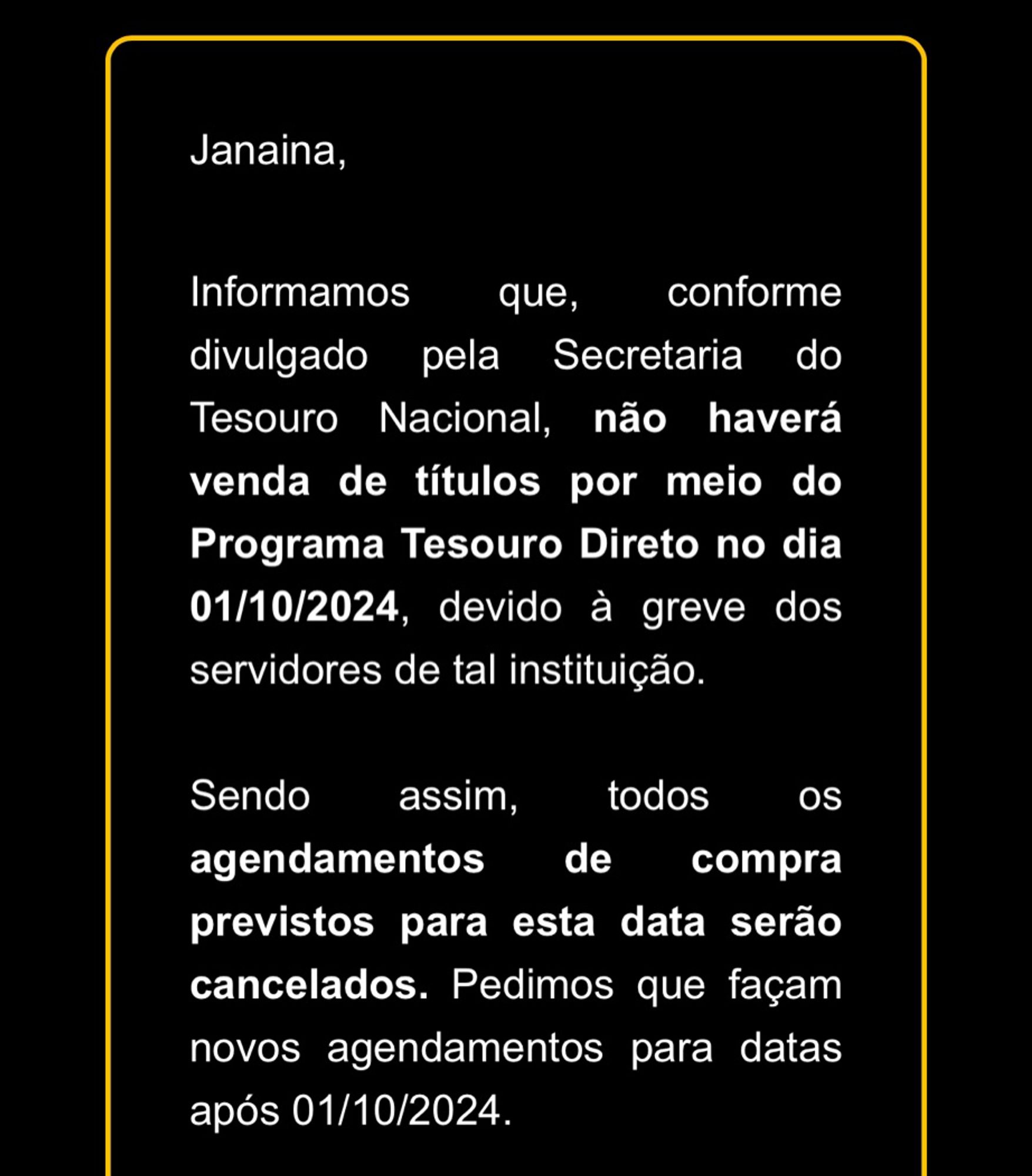 Print do e-mail comunicado da XP invenstimentos que comunica que de 01/10 não vai ter venda de tesouro direto