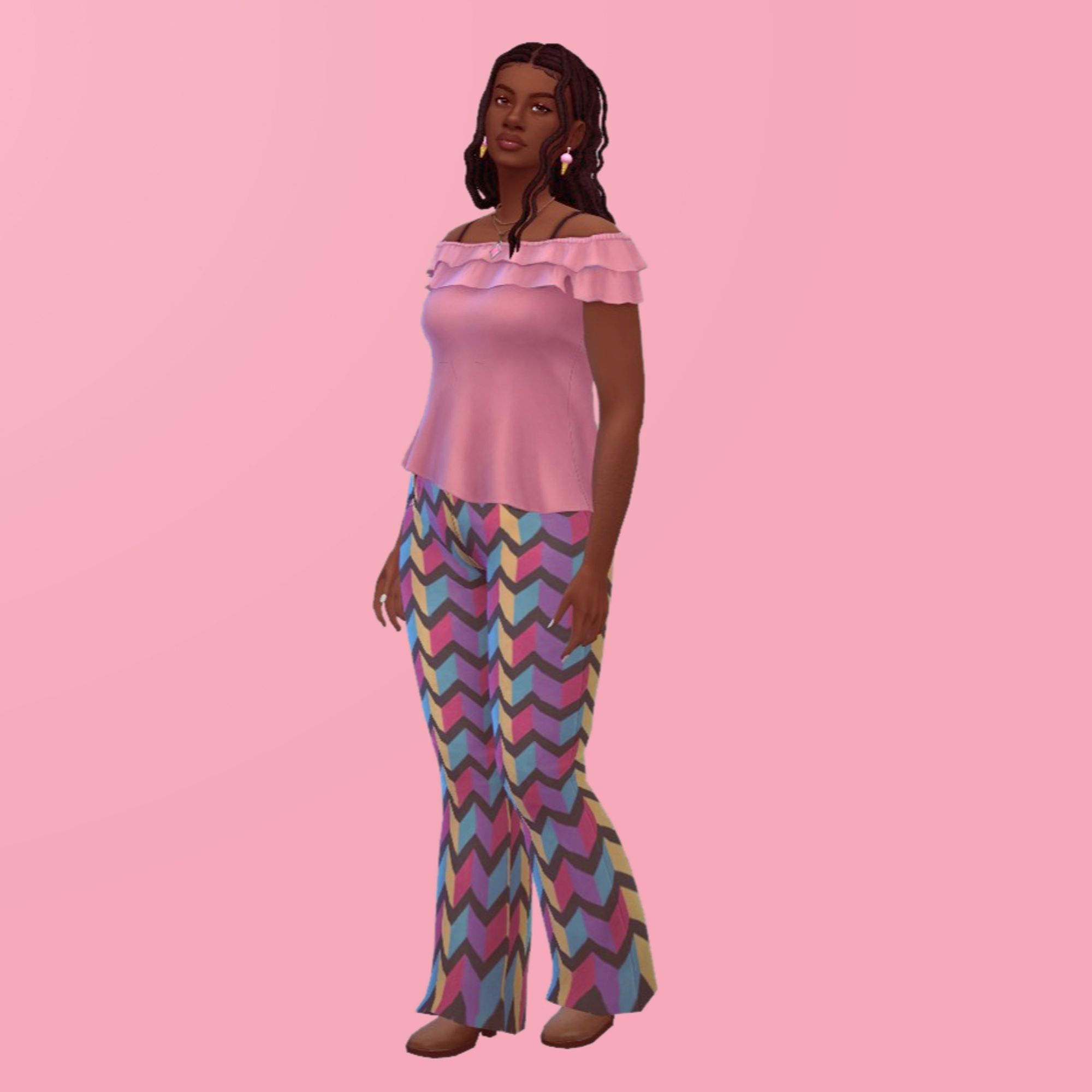 A Sim named Helen Burks with ice cream earrings and a matching pink and brown outfit.