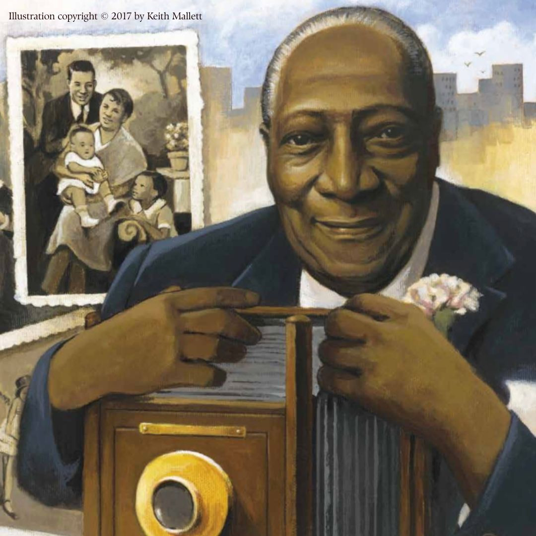 Excerpt page from the picture book biography, “Take a Picture of Me, James VanDerZee!” by Andrea J. Loney, illustrated by Keith Mallett. The illustration depicts an elderly James VanDerZee smiling and posing with his camera, an example of one of his photos to the left of him. Illustration copyright © 2017 by Keith Mallett.