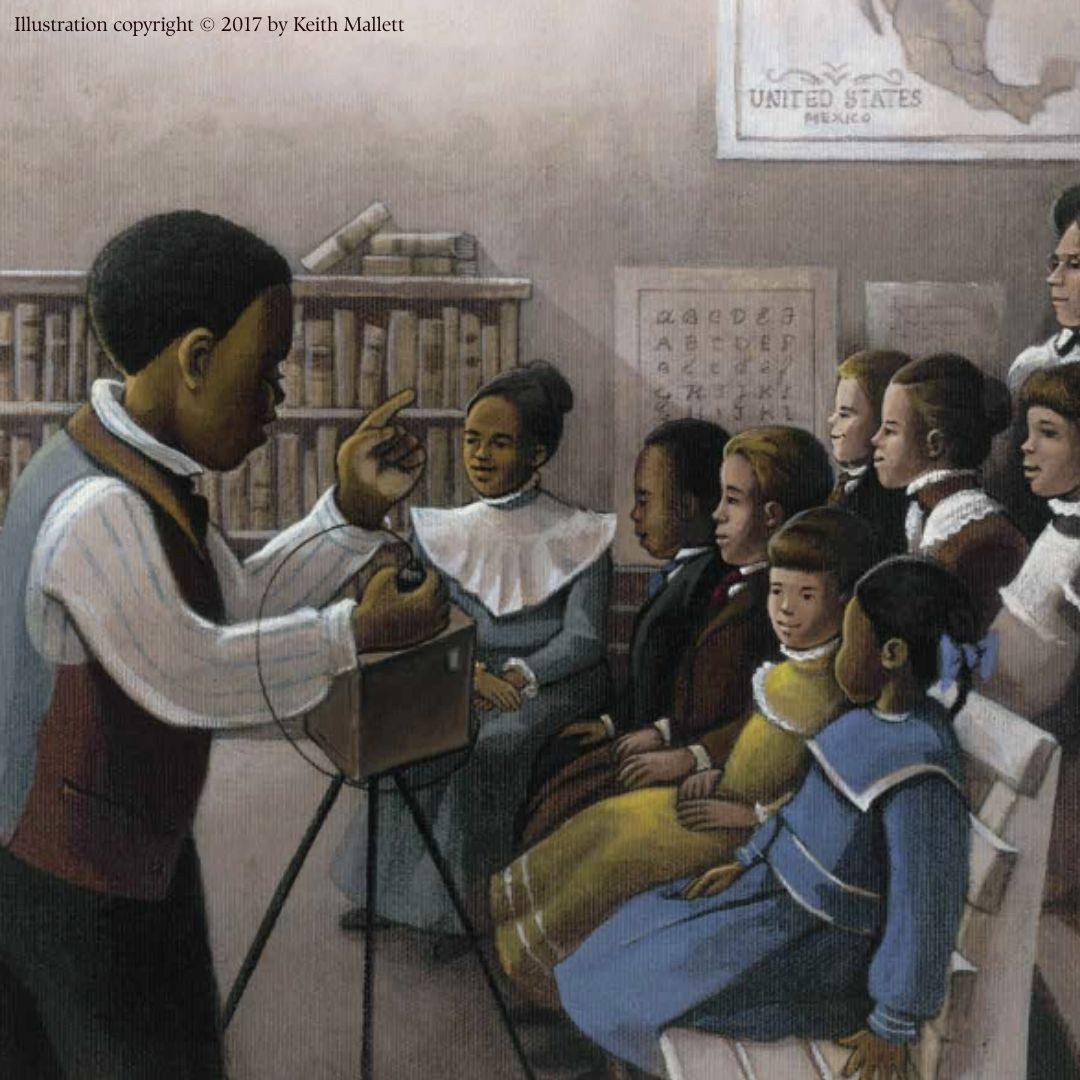 Excerpt page from the picture book biography, “Take a Picture of Me, James VanDerZee!” by Andrea J. Loney, illustrated by Keith Mallett. The illustration depicts young James VanDerZee taking a picture of his classmates. Illustration copyright © 2017 by Keith Mallett.
