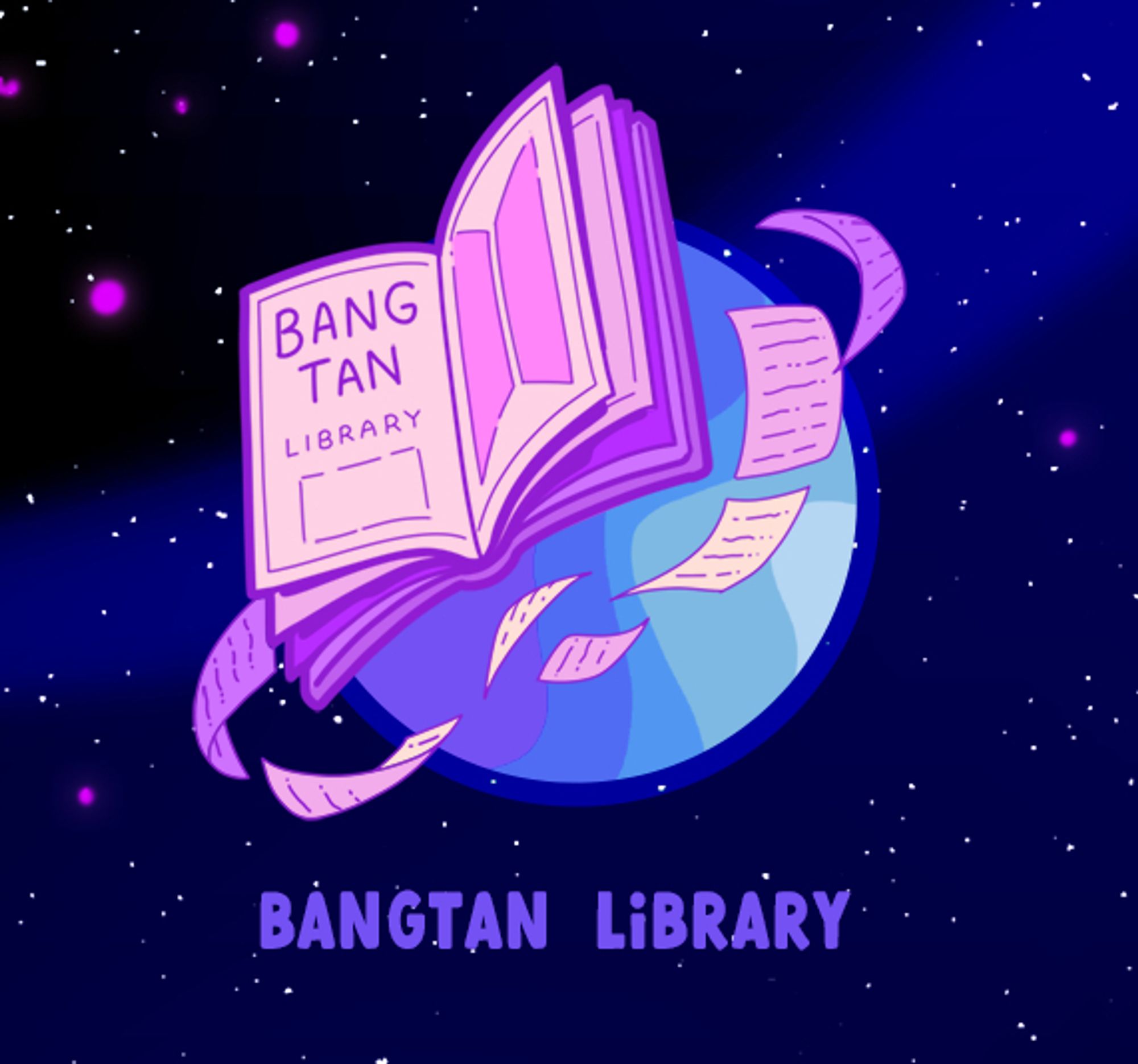 Bangtan Library illustration in the form of a planet with a large book and flying pages