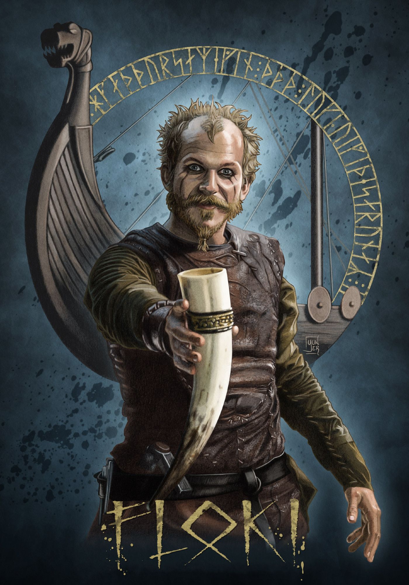 Poster of Floki from "Vikings" series: he is frontal offering a horn, the bow of a Vinking ship and his golden runic tattoo are behind him in a circular shape, over a blue paint splashed baground, the writing "Floki" is on the bottom. Digital painting over traditional pencil drawing.