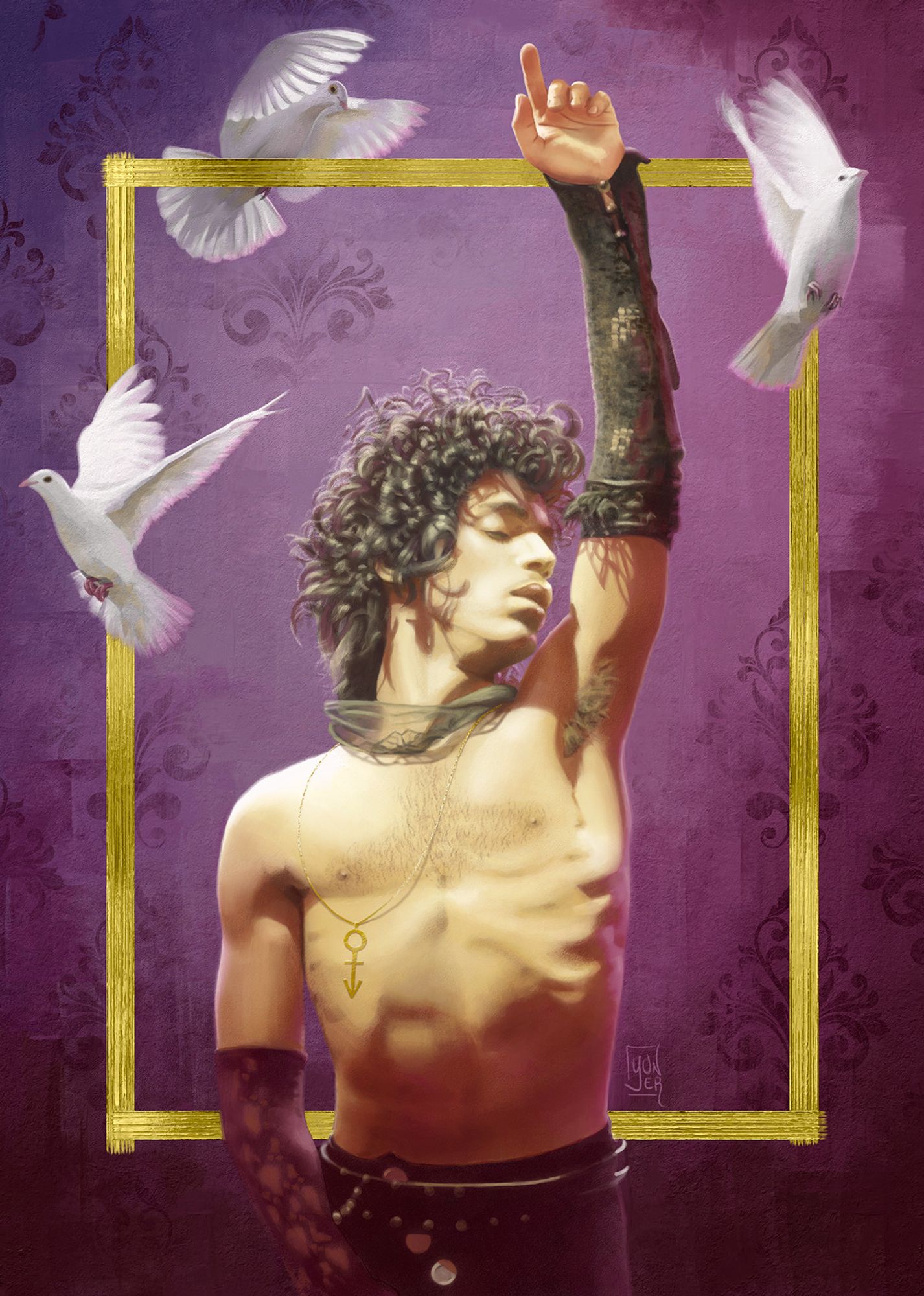 Portrait of a shirtless Prince who, with his eyes closed, points to the sky with one hand while three doves take flight on a purple background with some damask decorations and a gold frame. Digital painting.