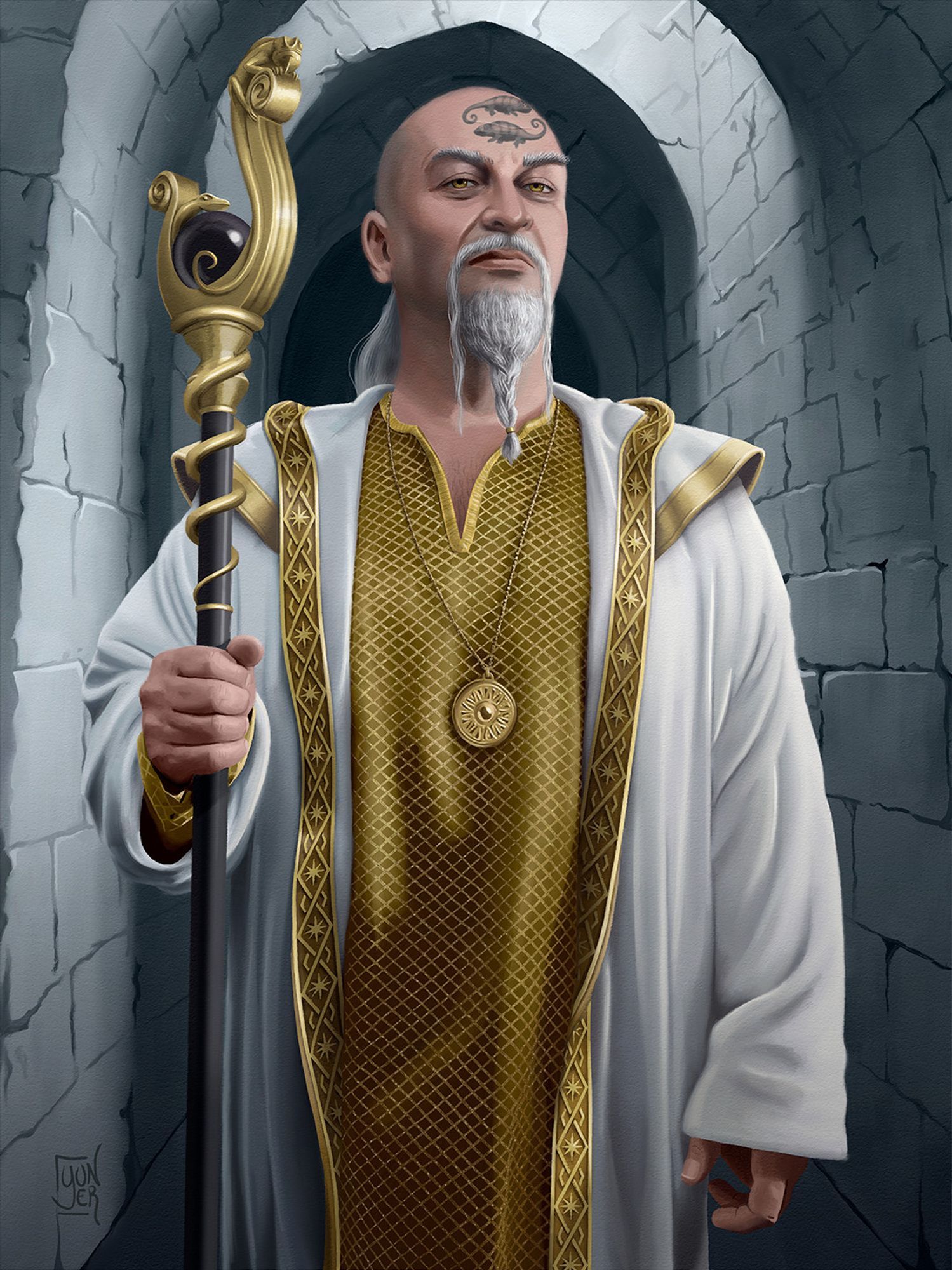 Ishak-Ghalam, High Priest of the Pirins. A tall bald man with long white moustaches, wearing a white tunic over a golden robe, a tattoo of two chameleons on his forehead, with a gold tipped staff depicting a chameleon and a snake holding a black sphere. Digital painting.