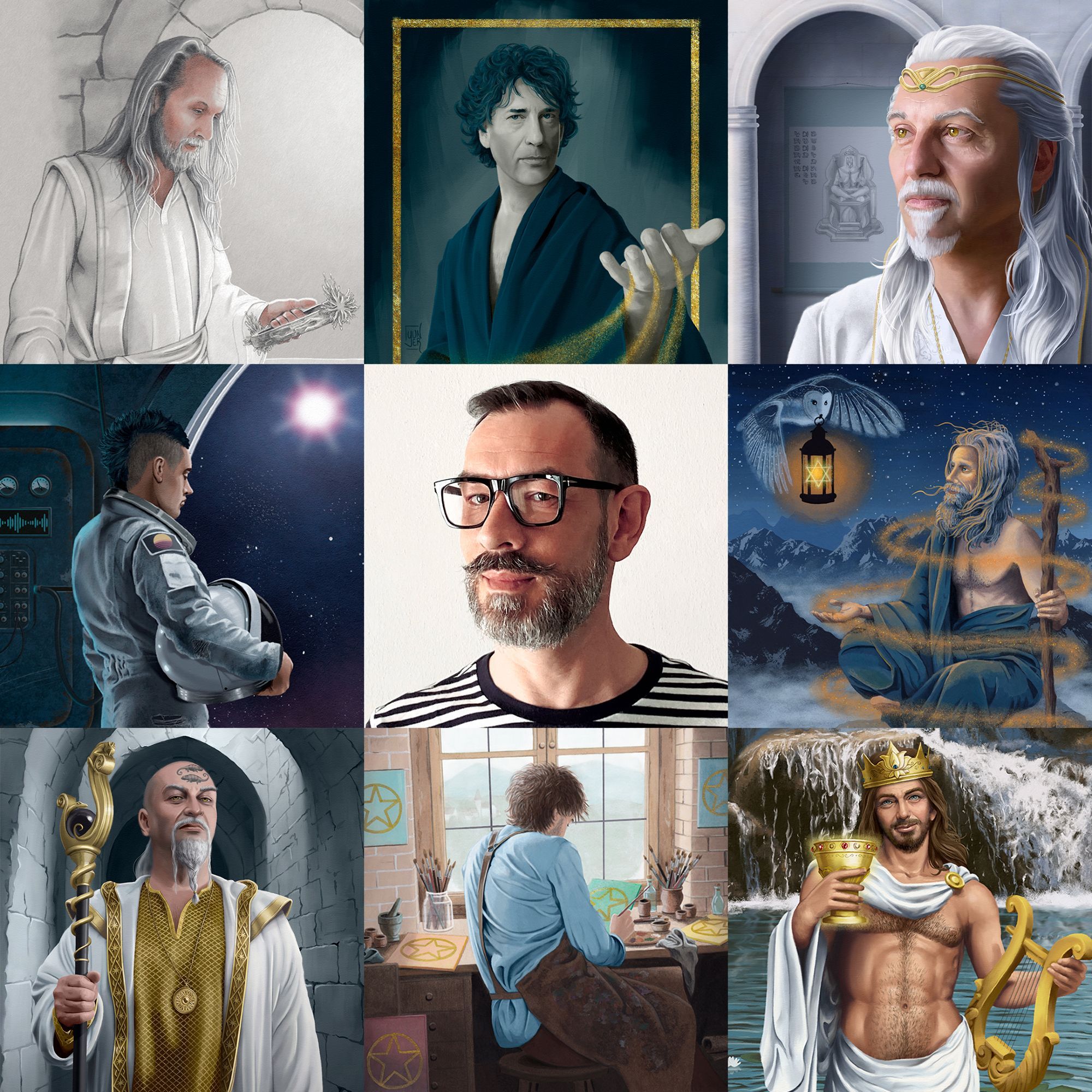 Nine images, in the center a picture of me with black glasses and grizzled beard, all around my latest illustrations, fanatsy, sci-fi and esoteric (tarot cards)