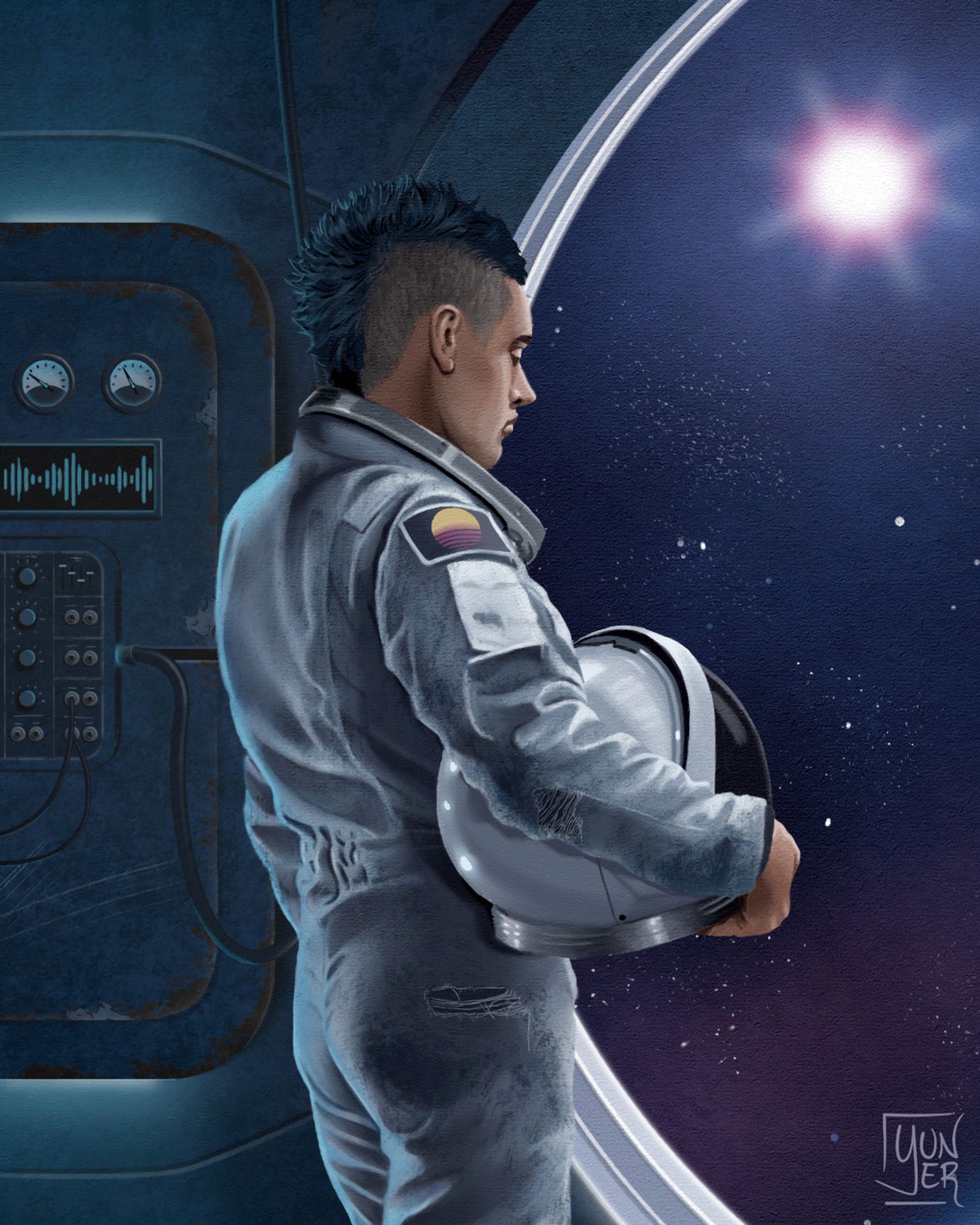 Detail of the cover of Cosmo Cocktail's album Planetica. An astronaut with a mohawk and a dirty and torn space suit who from his spaceship looks into space with an absorbed expression, behind him speedometers, cables and neon lights of a rusty and scratched control panel. Digital painting.