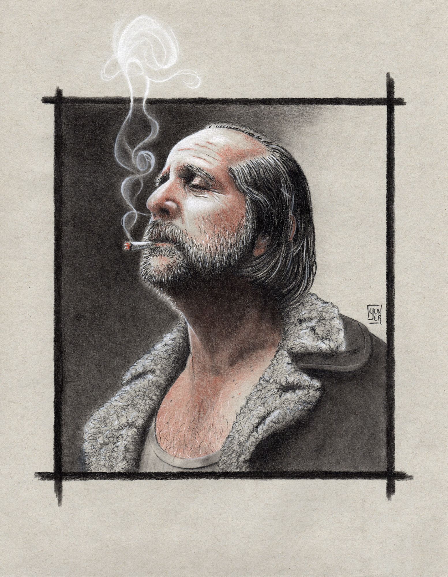 Portrait of Peter Stormare as Czernobog from "American Gods" series, half-lenght profile portrait of him smoking a cigarette. Pierre noire, sanguine and white chalk on grey toned paper.