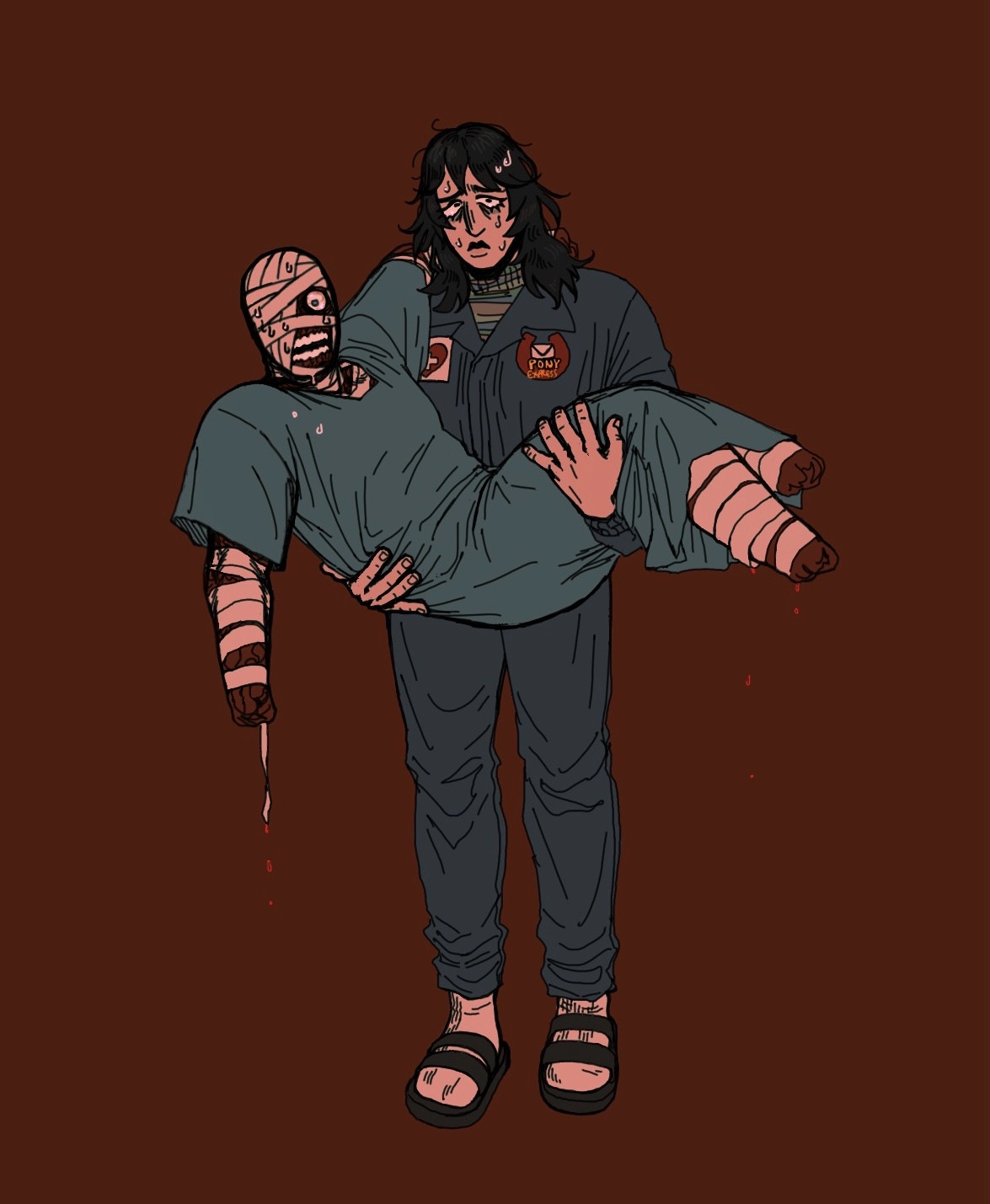 Anya and Curly from the game ‘Mouthwashing’. Anya is standing against a rust red background, with post-crash Curly weighing heavily in her arms, his arm braced behind her neck for stability. They both look toward the viewer. Curly appears severely tense & uncomfortable, dripping blood from the extremities, while Anya looks exhausted, disheveled, and at her wit’s end.