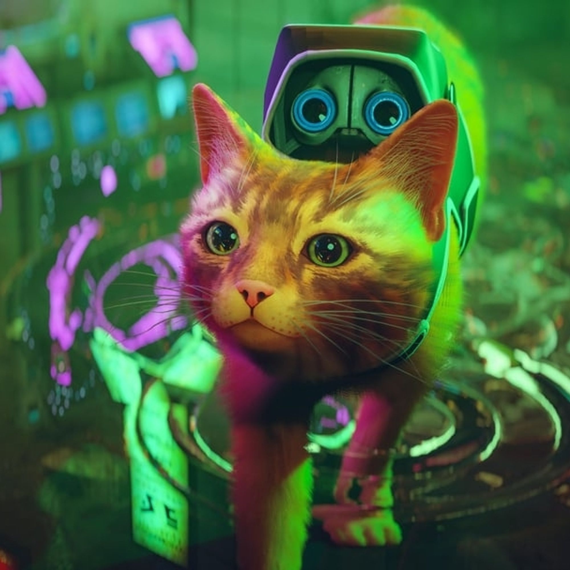 A screenshot from the video game Stray, featuring an animated ginger cat with green eyes and a robot on its back like a backpack.